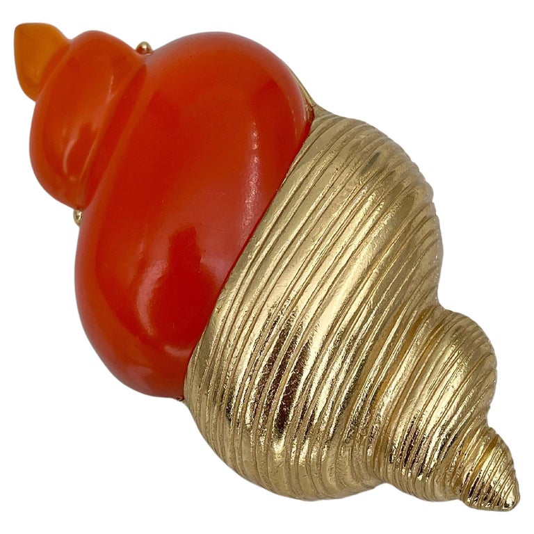 1980s Vintage Christian Dior Parfums Gold Tone Orange Shell Pendant Pin