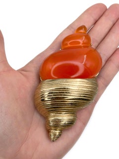 1980s Vintage Christian Dior Parfums Gold Tone Orange Shell Pin Brooch Pendant