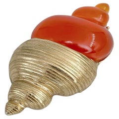 1980s Vintage Christian Dior Parfums Gold Tone Orange Shell Pin Brooch Pendant