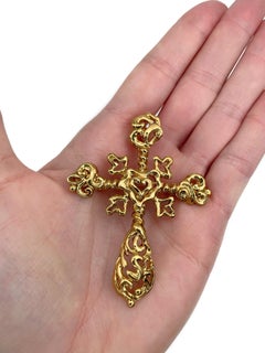 1980s Vintage Christian Lacroix Gold Tone Baroque Openwork Cross Brooch Pendant
