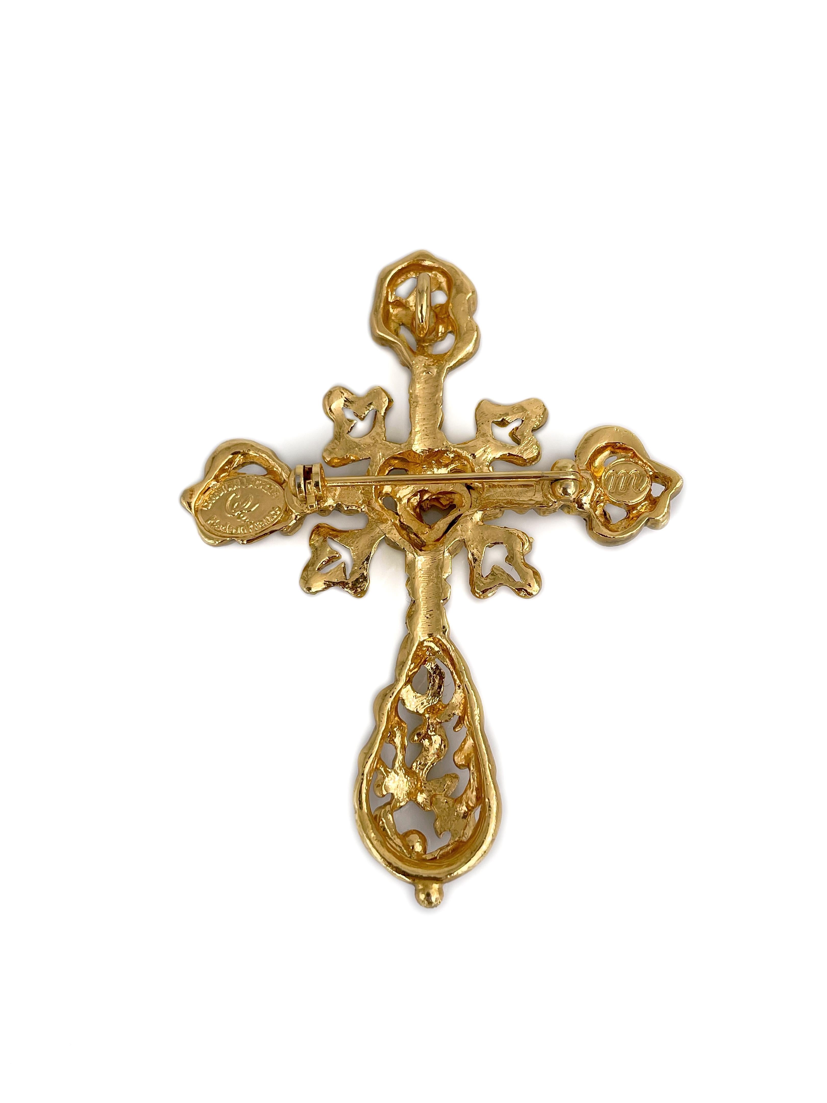 1980s Vintage Christian Lacroix Oro Tono Barroco Cruz Calada Broche Colgante en venta 1