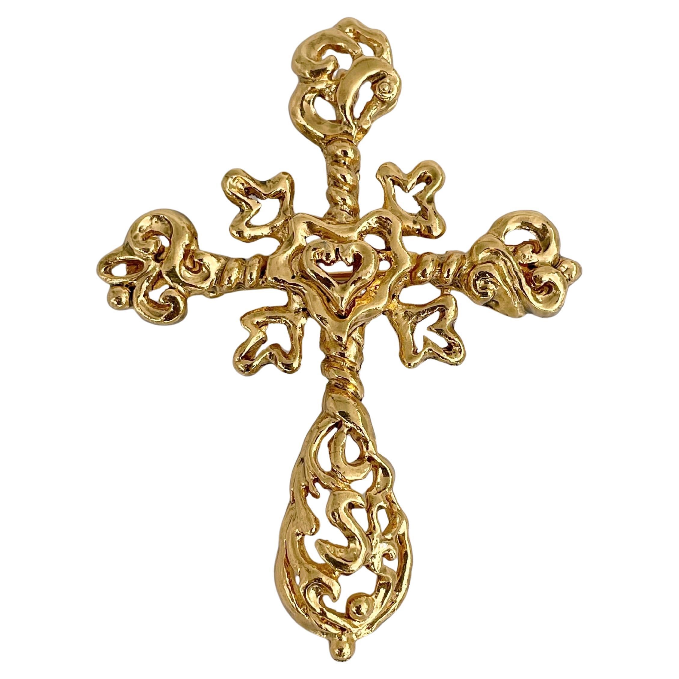 1980s Vintage Christian Lacroix Gold Tone Baroque Openwork Cross Brooch Pendant