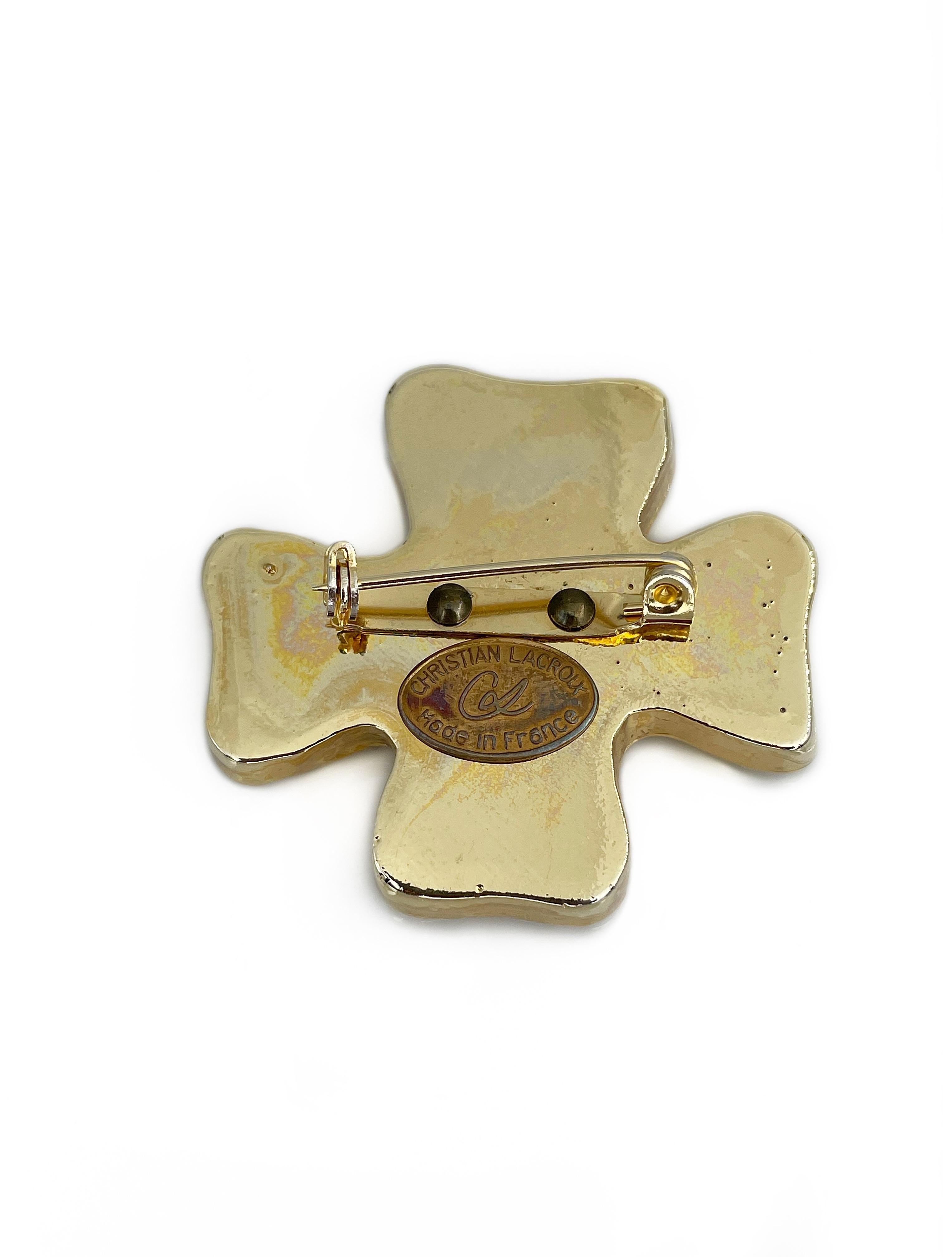 1980s Vintage Christian Lacroix Gold Tone Cross Design Pin Brooch 1