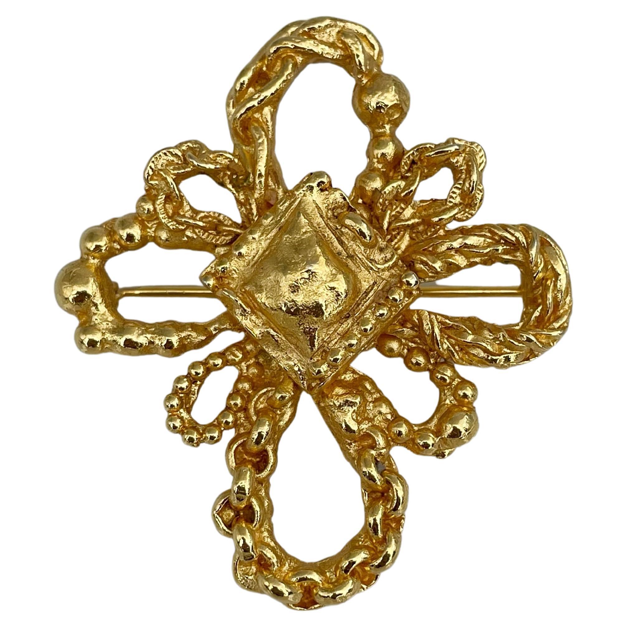 1980s Vintage Christian Lacroix Gold Tone Openwork Cross Pin Brooch