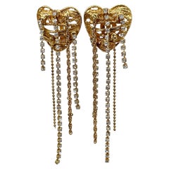 1980s Vintage Christian Lacroix Gold Tone Openwork Heart Tassel Clip On Earrings