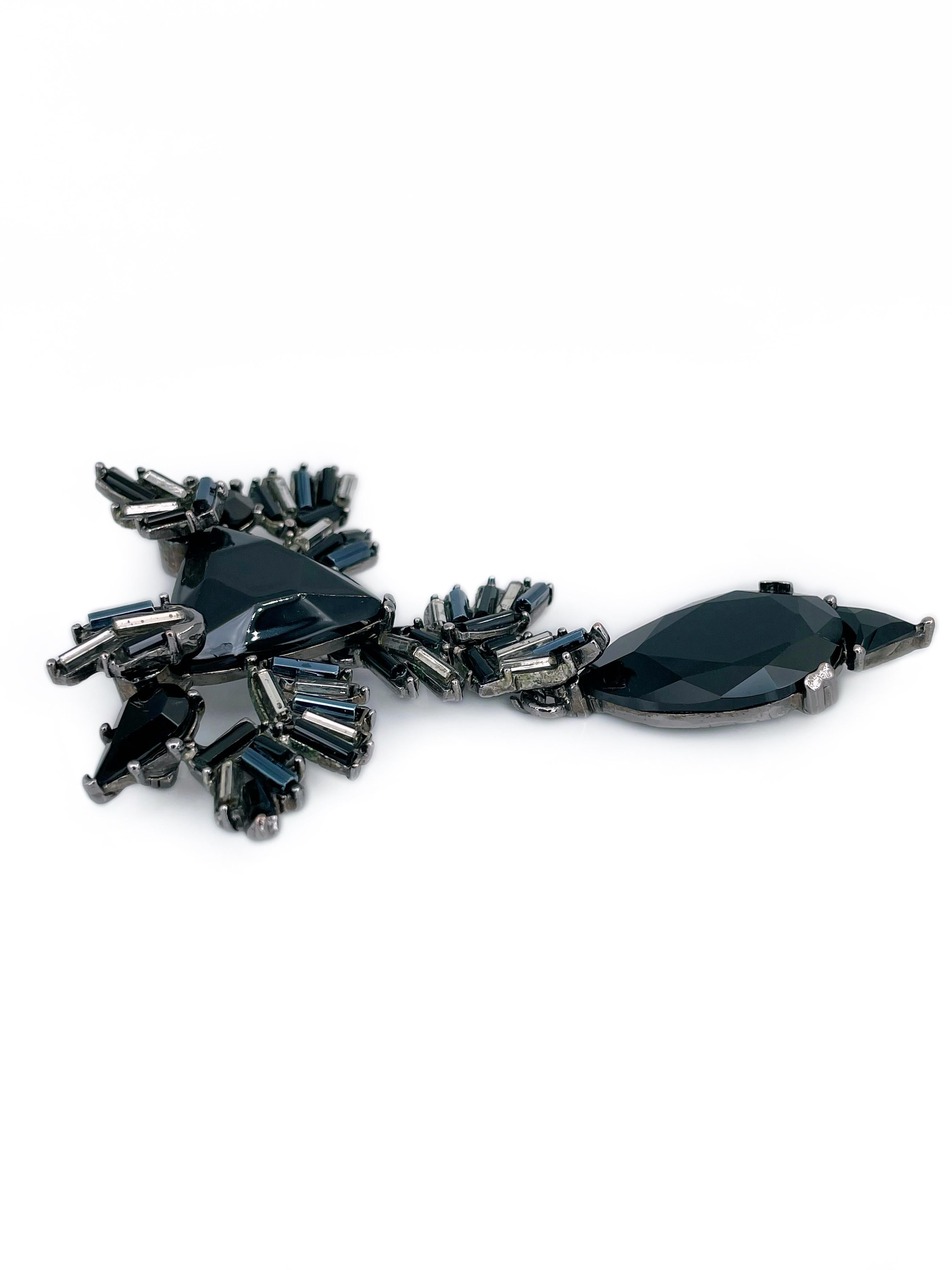 Modern 1980s Vintage Christian Lacroix Silver Tone Dark Crystal Pin Brooch For Sale