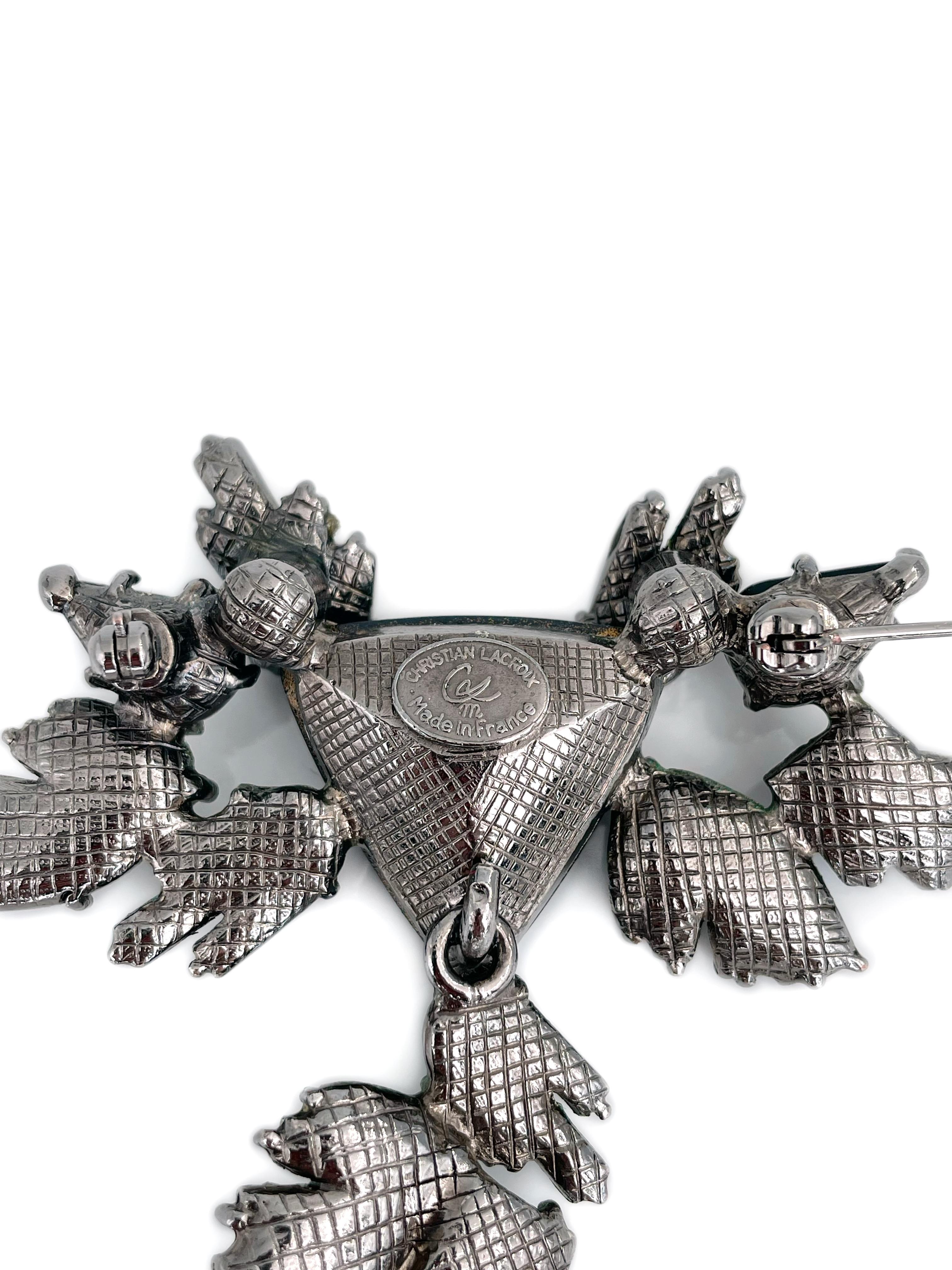 Women's or Men's 1980s Vintage Christian Lacroix Silver Tone Dark Crystal Pin Brooch For Sale