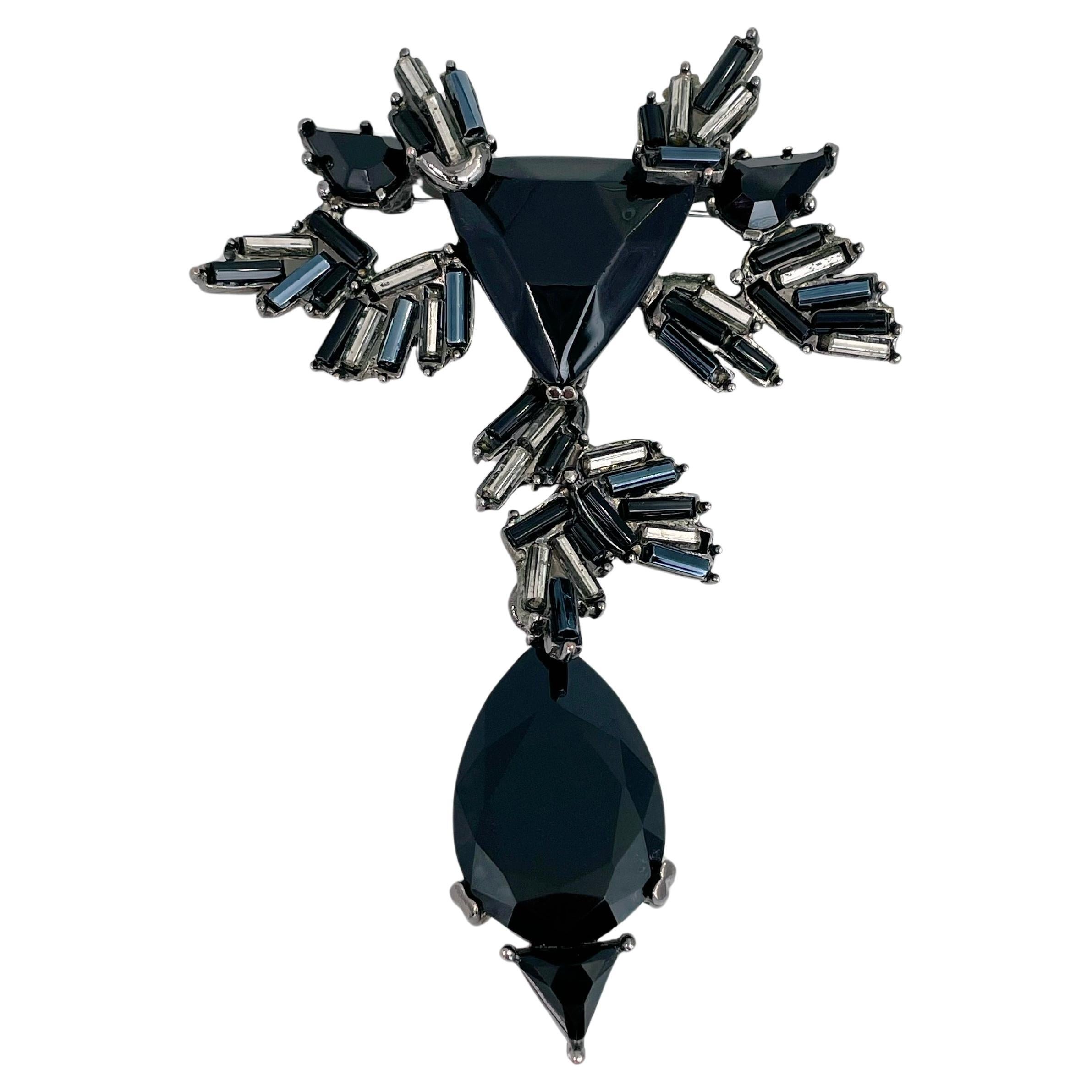 1980s Vintage Christian Lacroix Silver Tone Dark Crystal Pin Brooch