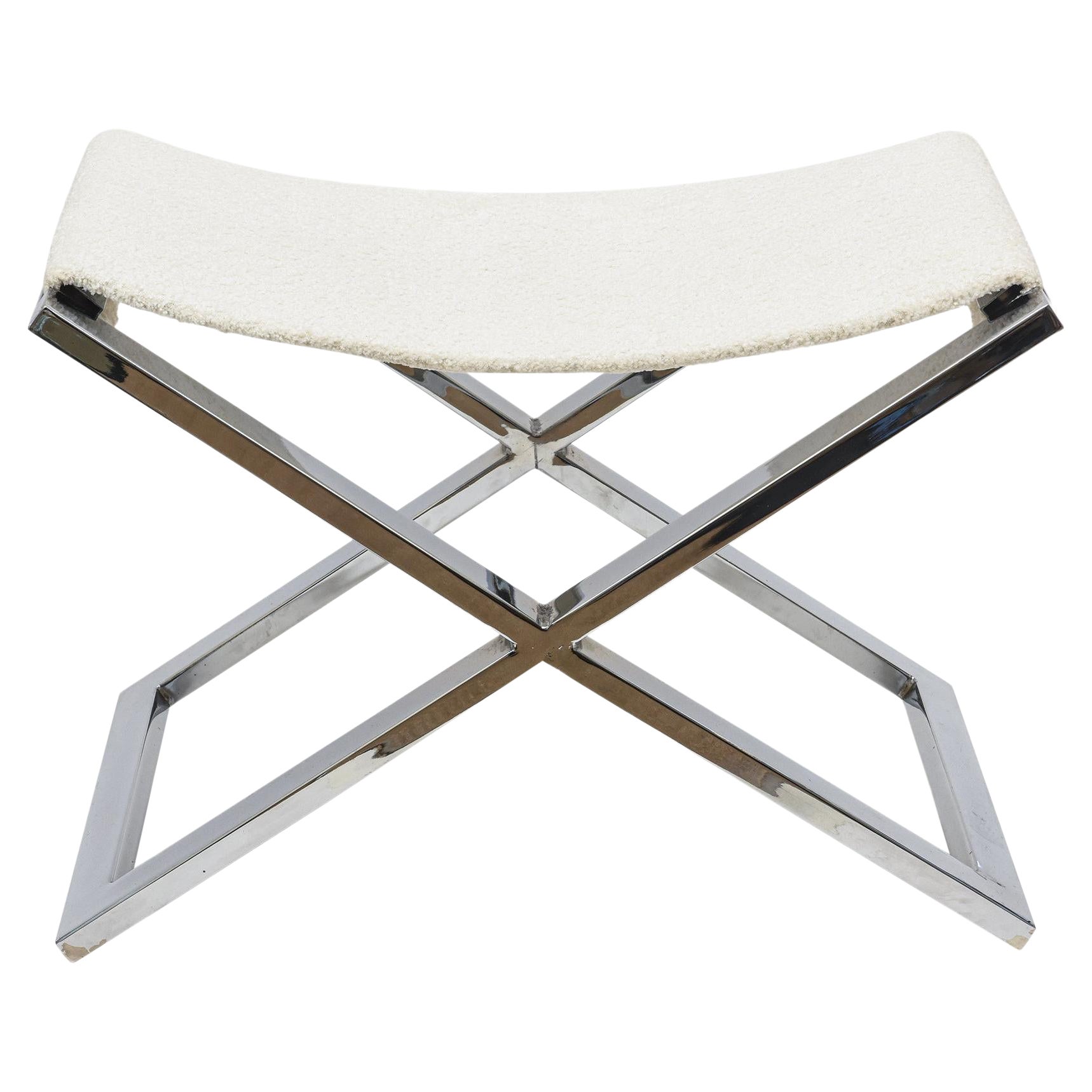 1980's Vintage Chrome Steel X Frame Bench With White Boucle Upholstered Seat