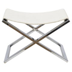 1980's Vintage Chrome Steel X Frame Bench With White Boucle Upholstered Seat