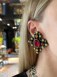 1980s Vintage Claire Deve Paris Colourful Cross Clip On Earrings