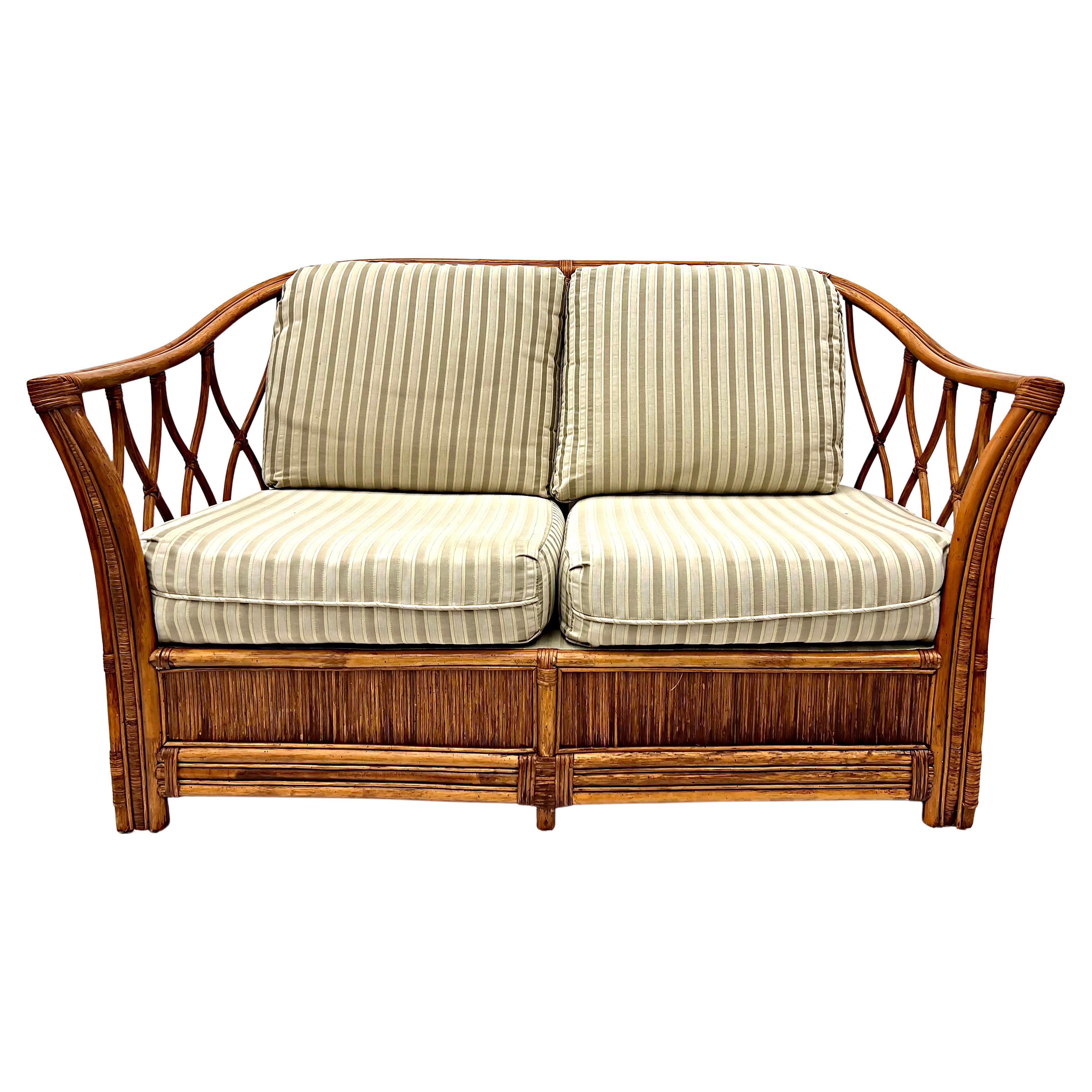 Vintage Rattan Settee with Cushions at 1stDibs