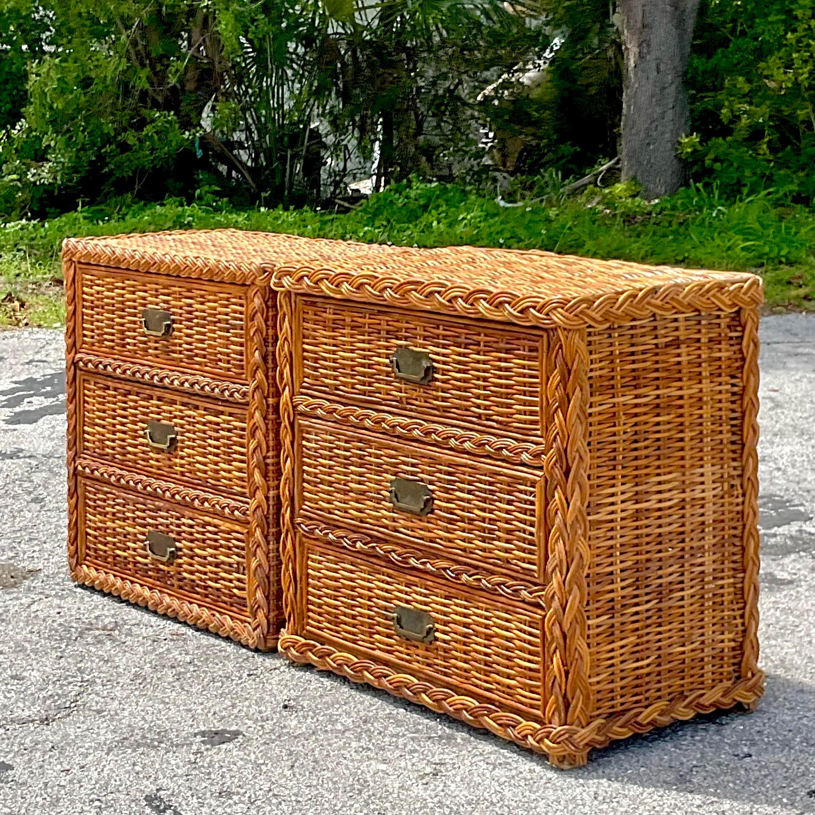 1980s Vintage Coastal Woven Rattan Chest of Drawers - a Pair In Good Condition For Sale In west palm beach, FL
