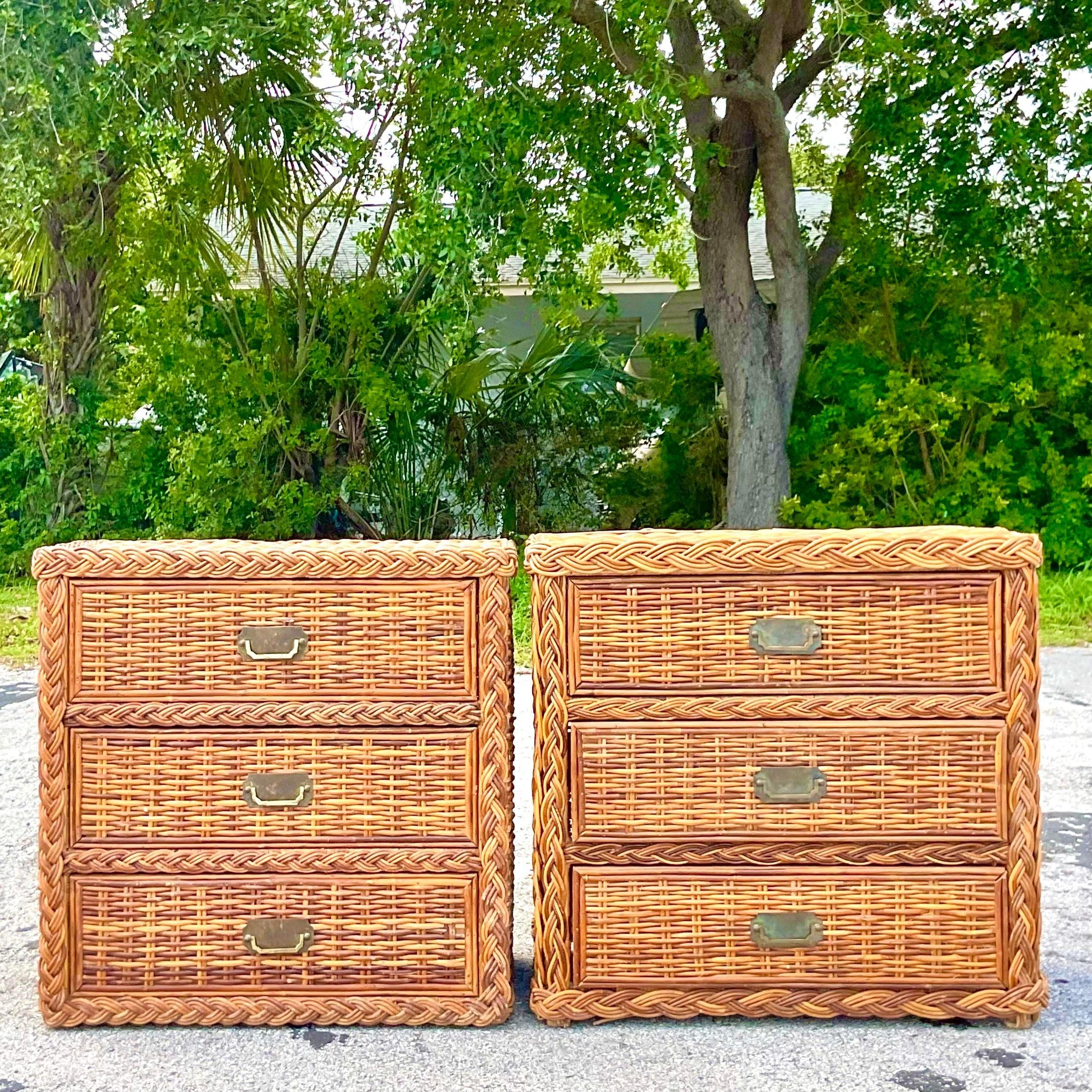 Late 20th Century 1980s Vintage Coastal Woven Rattan Chest of Drawers - a Pair For Sale
