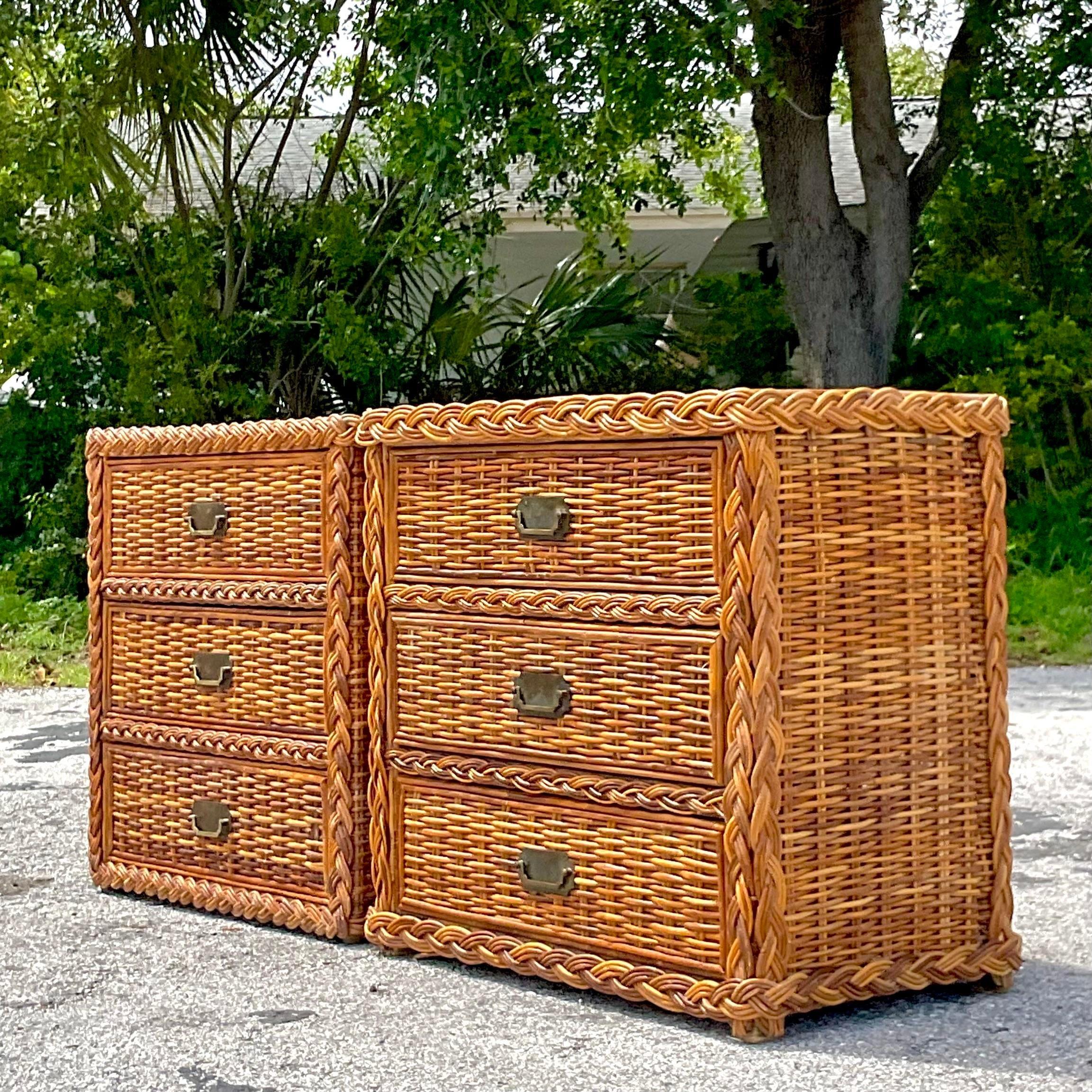 Brass 1980s Vintage Coastal Woven Rattan Chest of Drawers - a Pair For Sale