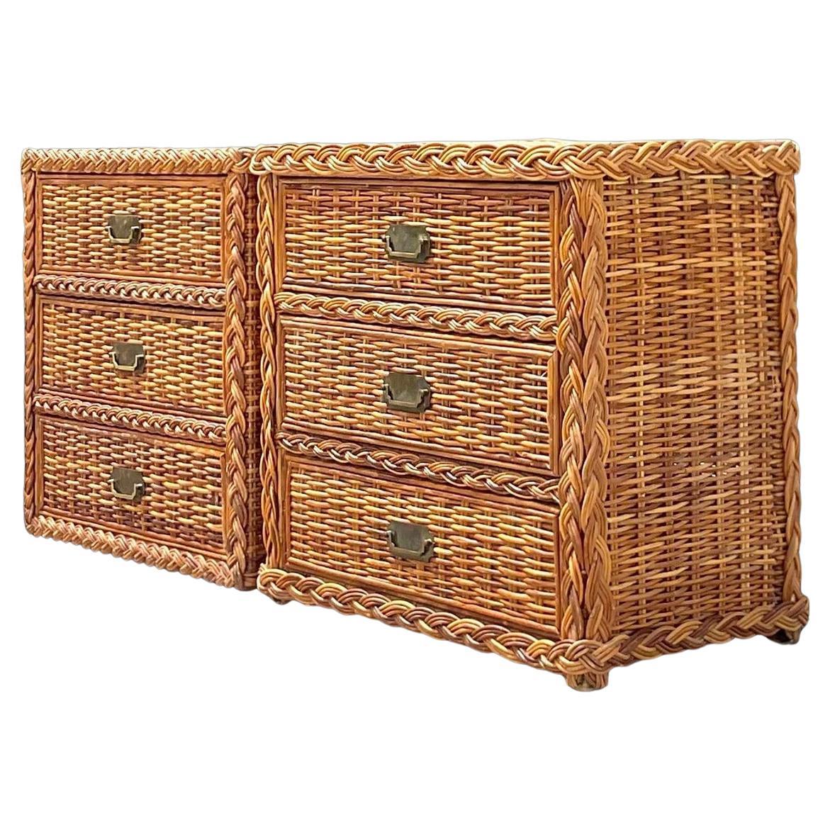 1980s Vintage Coastal Woven Rattan Chest of Drawers - a Pair For Sale