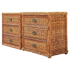 1980s Vintage Coastal Woven Rattan Chest of Drawers - a Pair