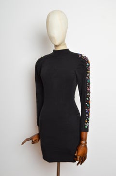1980’s Vintage Colourful Gem Black backless Rhinestone funnel neck Mini Dress
