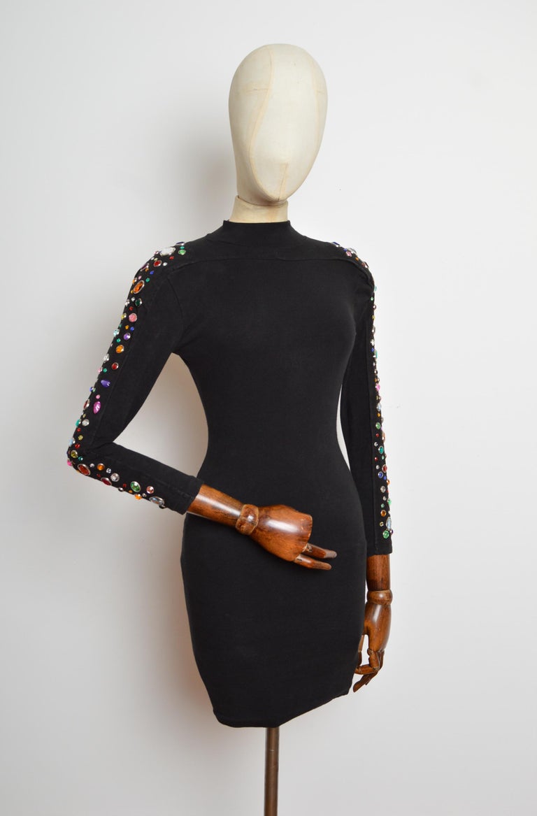 1980s little black dress Vintage 80s Black Mini Dress Handmade Cowl Neck Brocade