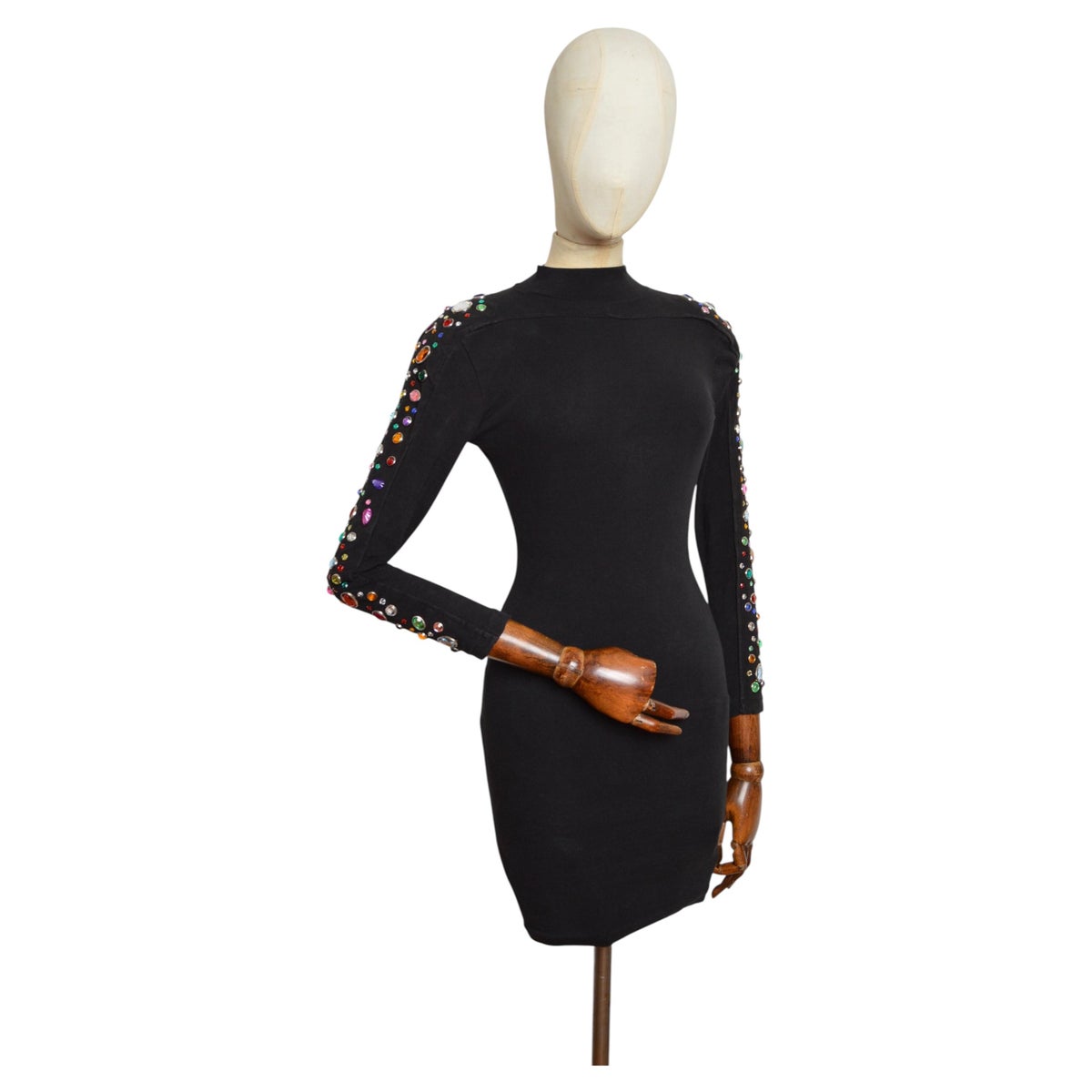 1980’s Vintage Colourful Gem Black backless Rhinestone funnel neck Mini Dress