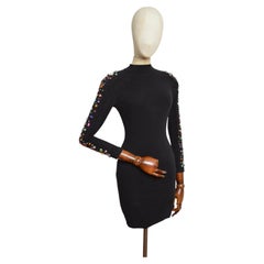 1980’s Vintage Colourful Gem Black backless Rhinestone funnel neck Mini Dress