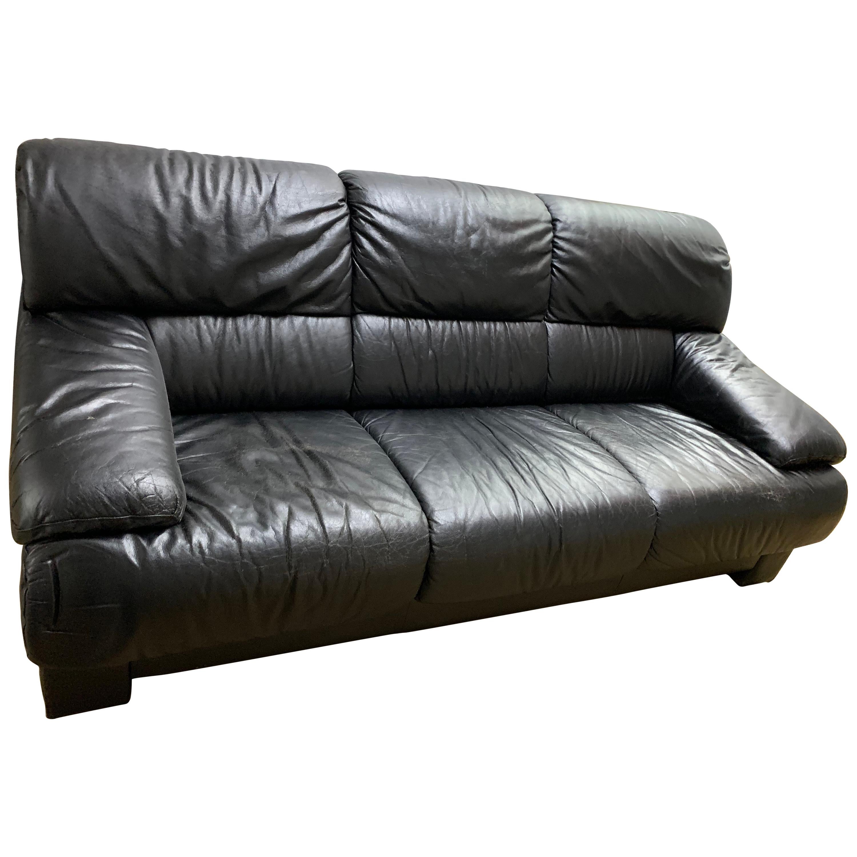1980s Vintage Contemporary Modern Ekornes "Savannah/Memphis" Black Leather Sofa