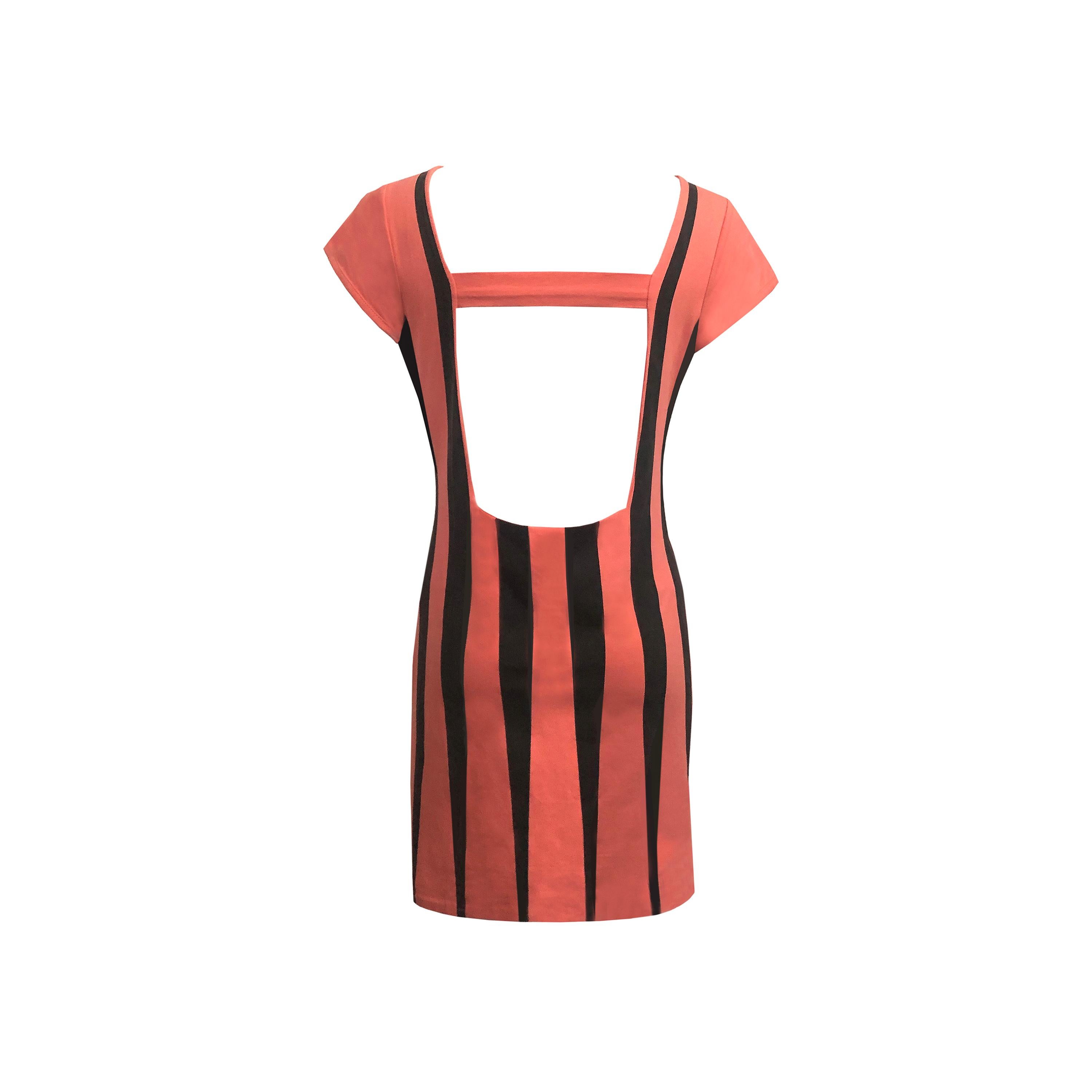 Product Details: 1980s Vintage - Coral & Black Striped Dress -  Printed Stretch Jersey - Cap Sleeve & Open Back Details
Era: 1980s Vintage
Label: Unknown Designer / Handmade Piece
Size: S/M (Fits UK 8 to UK 12)
Fabric Content: Stretch Jersey
Bust