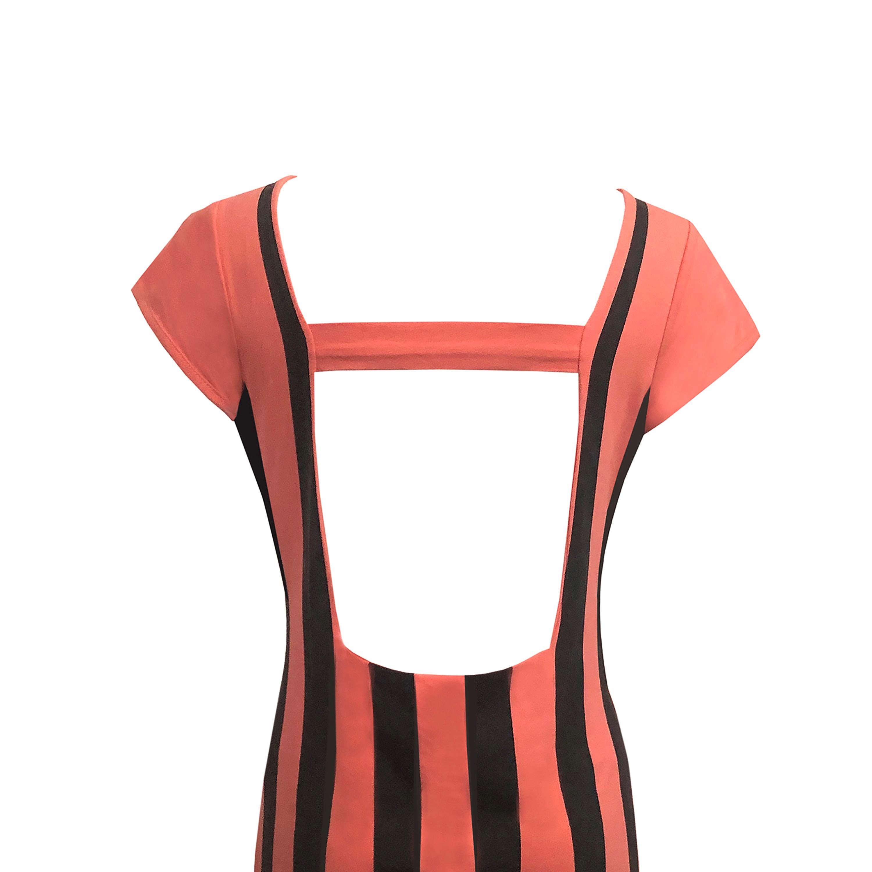 Brown 1980s Vintage - Coral & Black Striped Jersey Dress - Cap Sleeves + Open Back For Sale