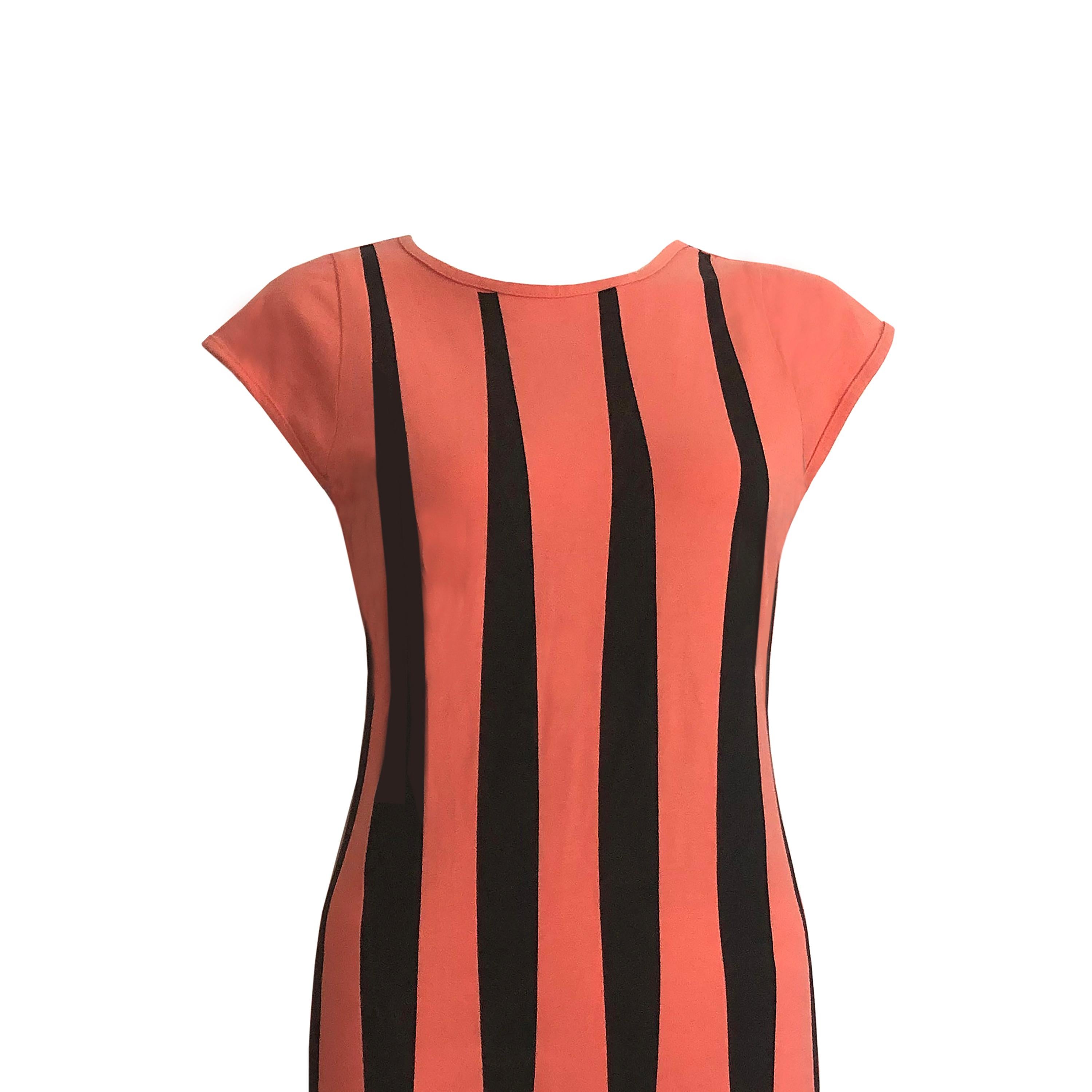 Women's 1980s Vintage - Coral & Black Striped Jersey Dress - Cap Sleeves + Open Back For Sale