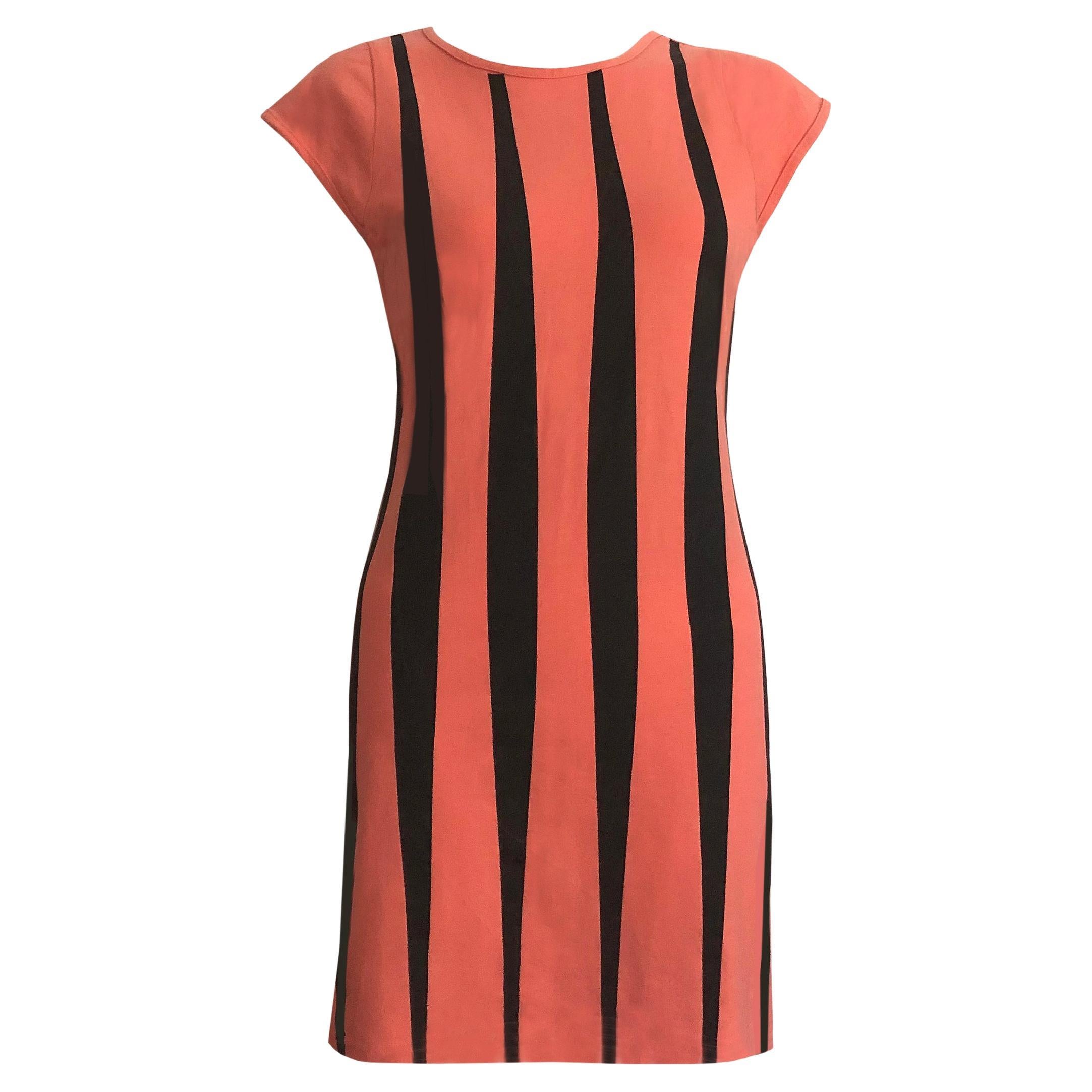 1980s Vintage - Coral & Black Striped Jersey Dress - Cap Sleeves + Open Back For Sale