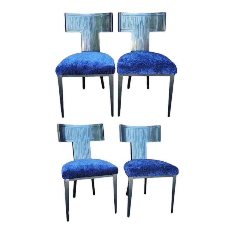 Set of 4 Costantini Pietro Italian Powder Coated Metal Chairs. Midcentury Contemporary Modern Metal Frame Chair with blue velvet seat cushions.