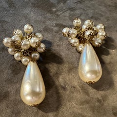 1980s Vintage Costume Jewelry Brass and Faux Pearls  Italian Clip-on Earrings