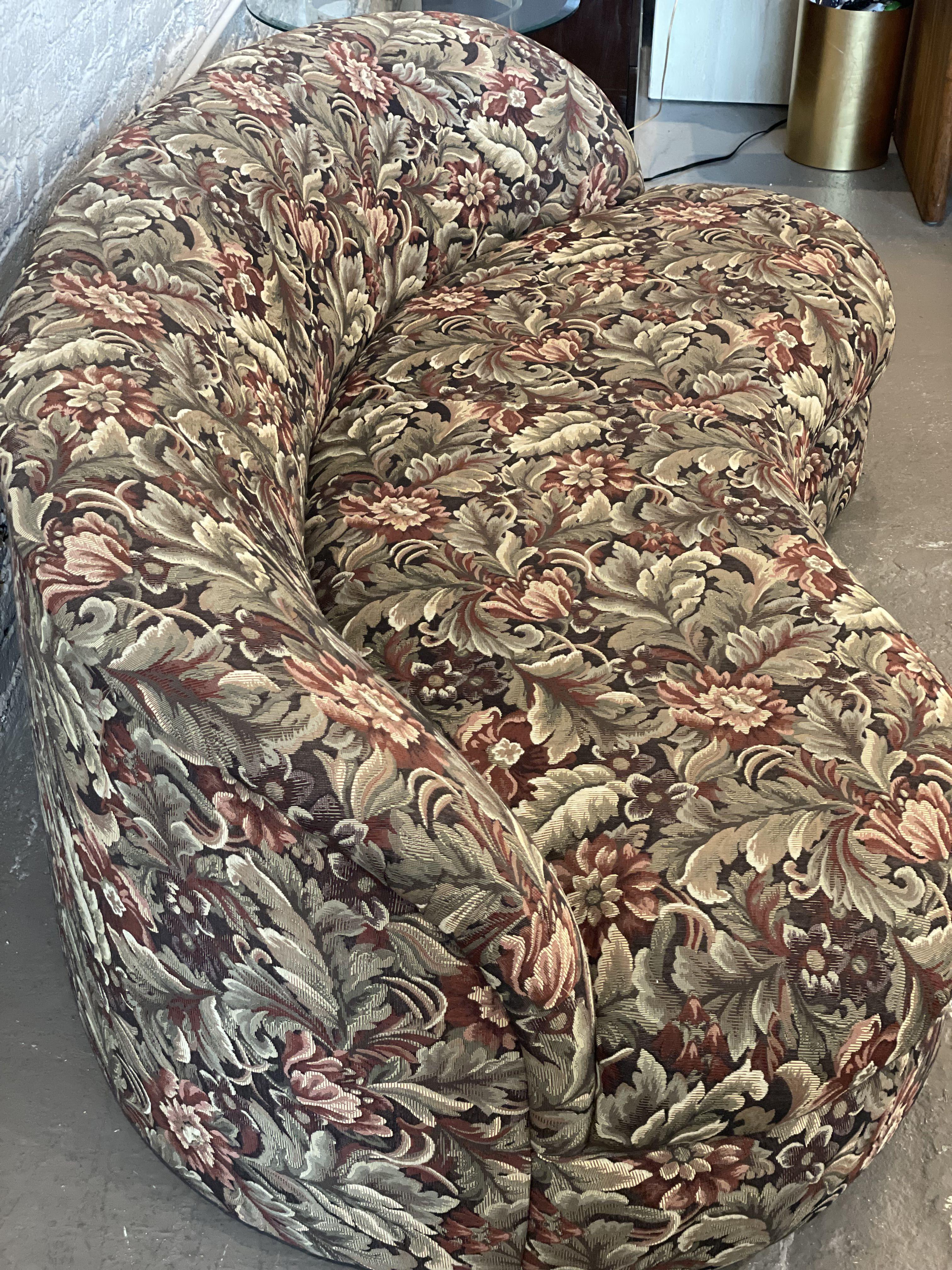 Oooh what a good shape! I can see this in a banquette or living area. The cushion foam and fabric are in excellent condition although you may want to redo the fabric:).