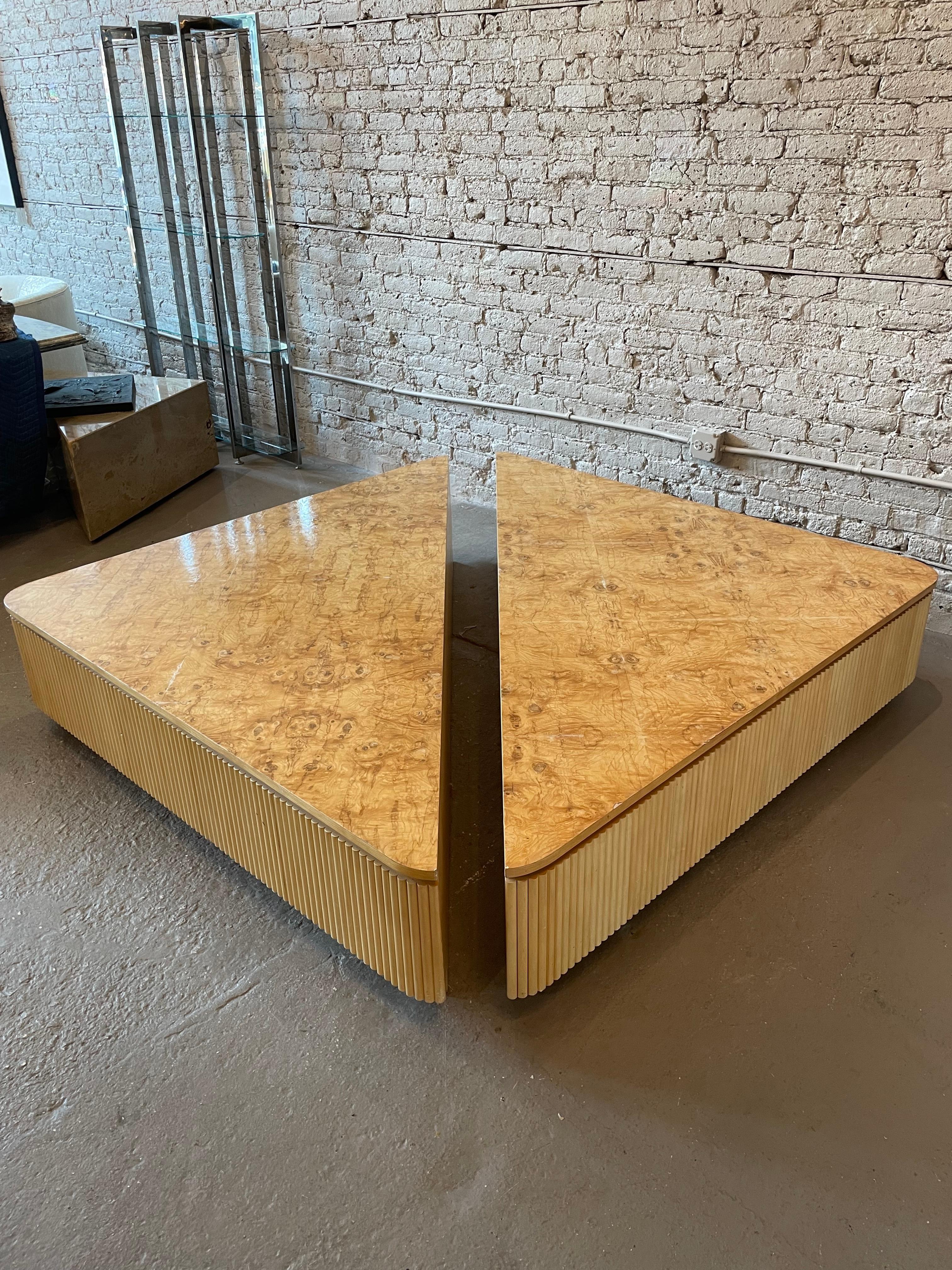 Stunning custom made solid wood coffee table. It’s actually two triangles that form a huge square 67”!!
The table is solid wood with veneer Burled wood. I have a matching 36” square coffee table listed as well.