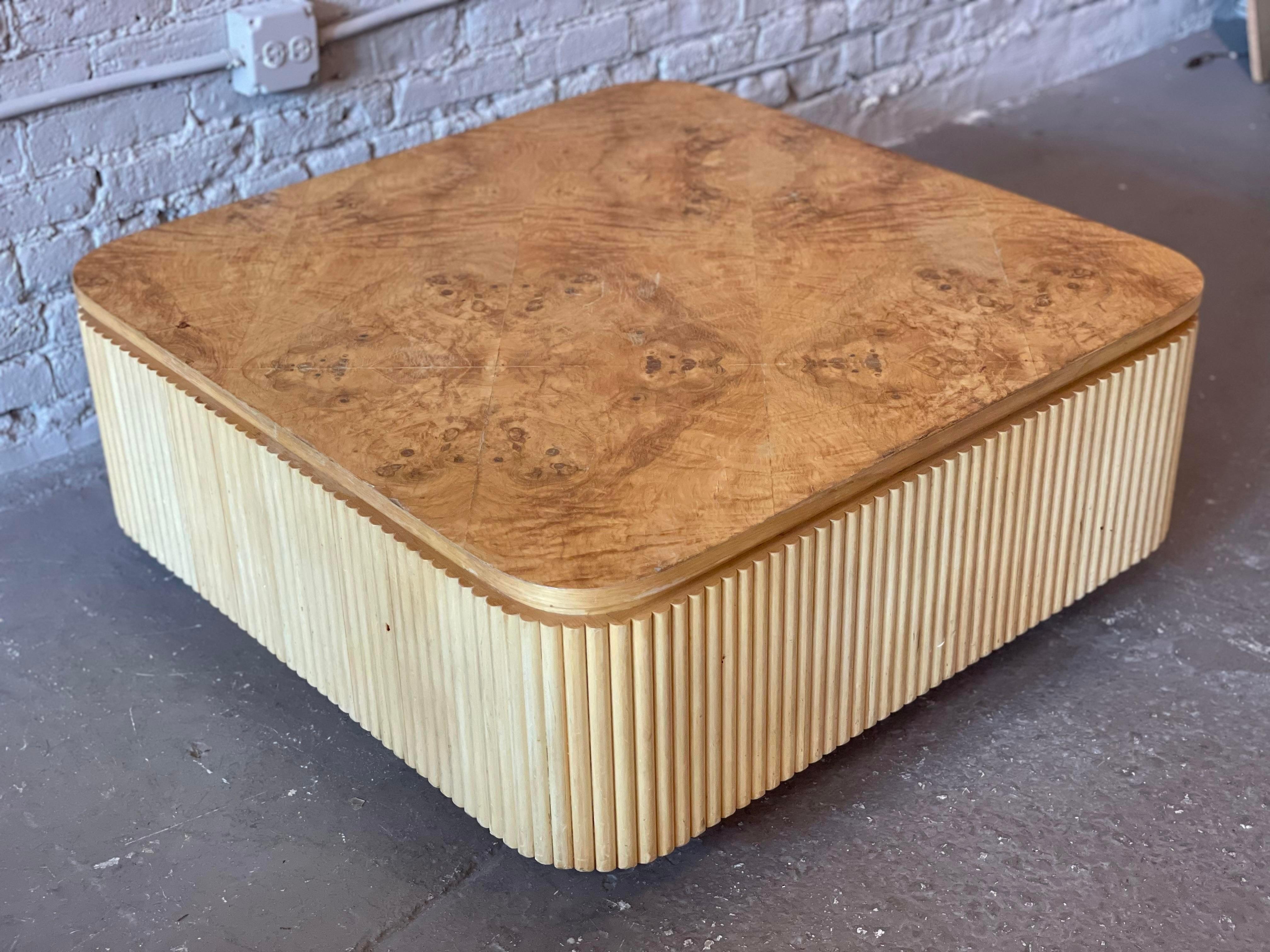 1980s Vintage Custom Made Bamboo and Burled Wood Coffee Table In Good Condition In Chicago, IL