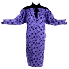 1980s Vintage Emanuel Ungaro Parallele Silk Dress in Purple & Black Lips Print 