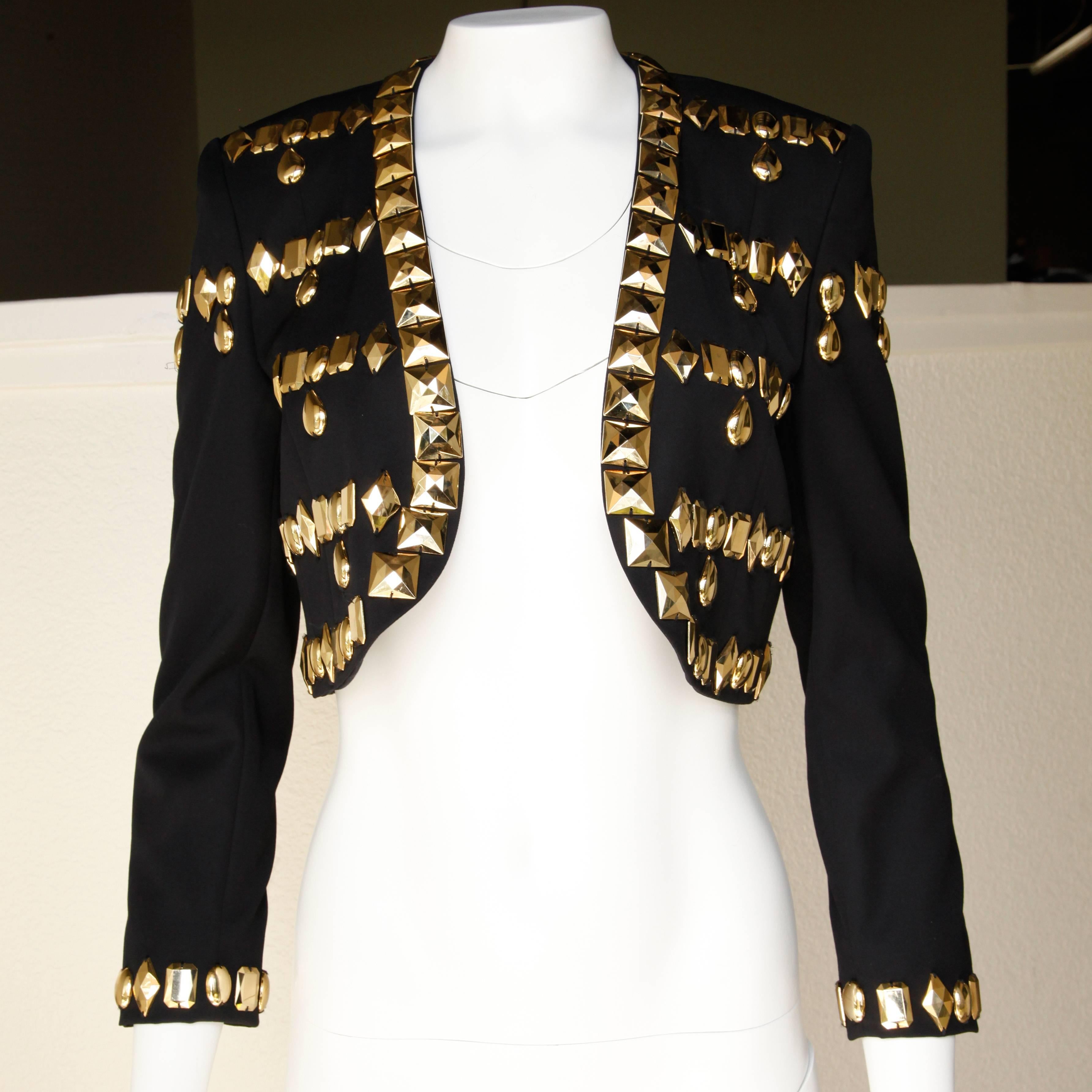 1980s Vintage Escada Metallic Gold Stud Embellished Black Wool Jacket In Excellent Condition For Sale In Sparks, NV