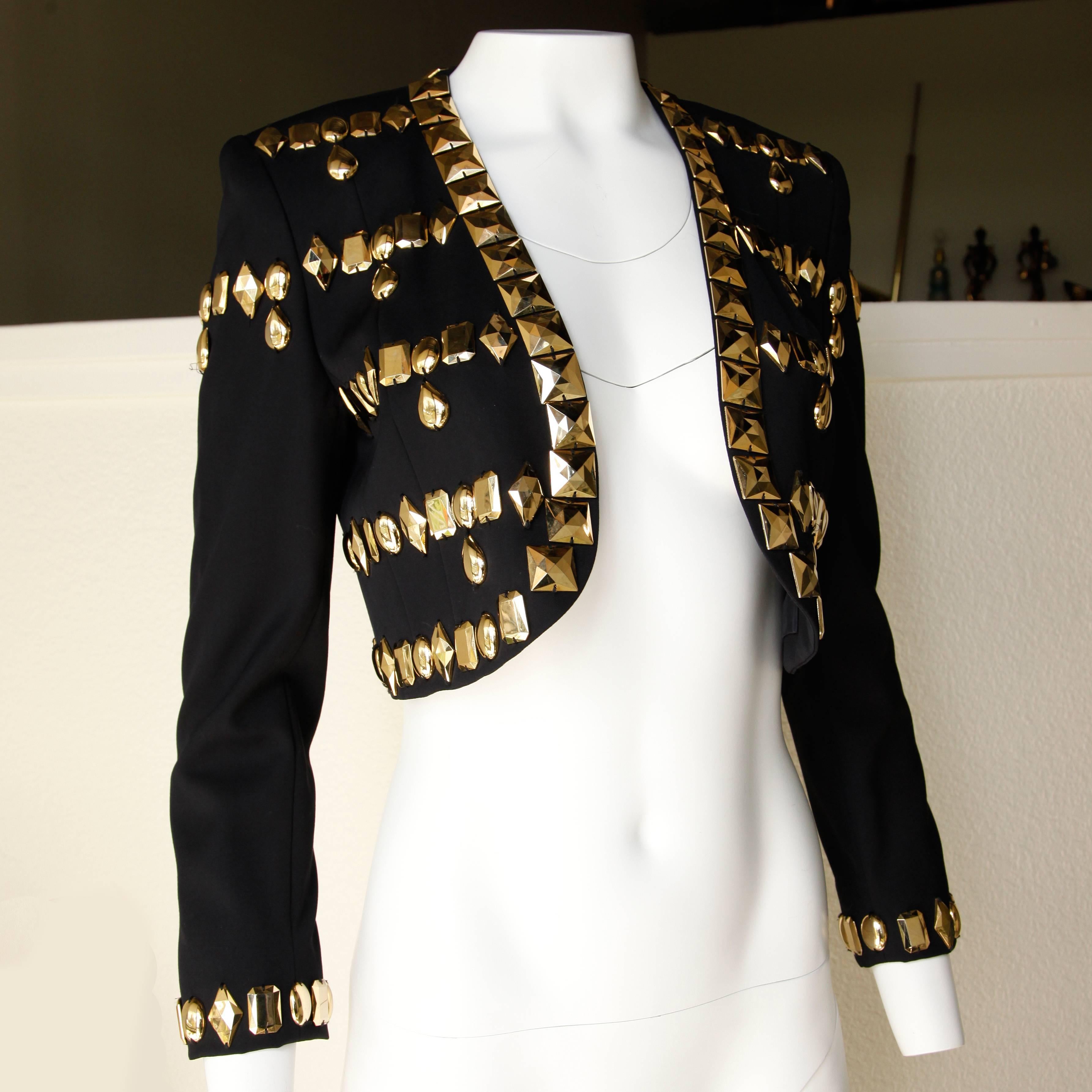 1980s Vintage Escada Metallic Gold Stud Embellished Black Wool Jacket For Sale 1