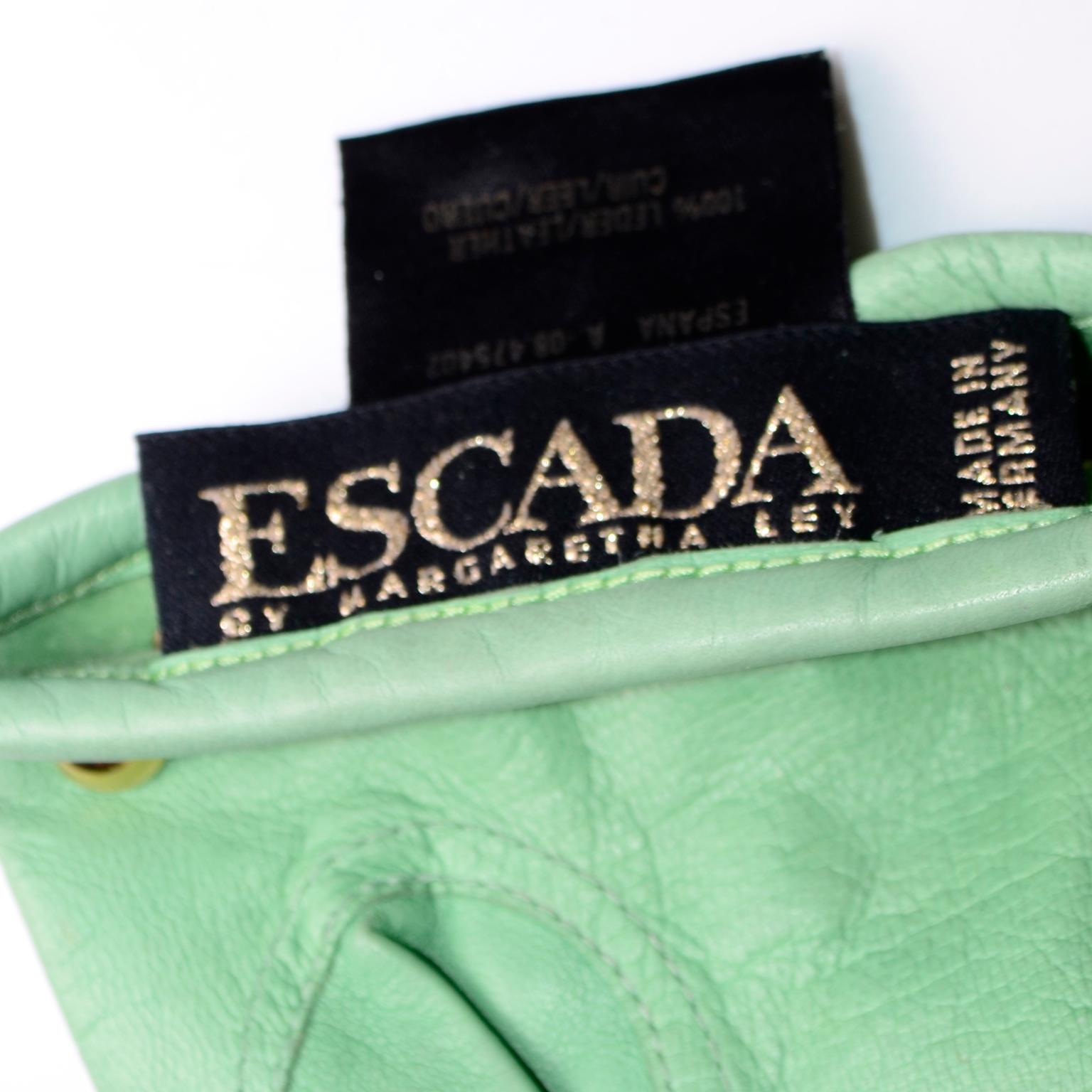 1980s Vintage Escada Mint Green Leather Gloves With Gold Studs In Excellent Condition In Portland, OR