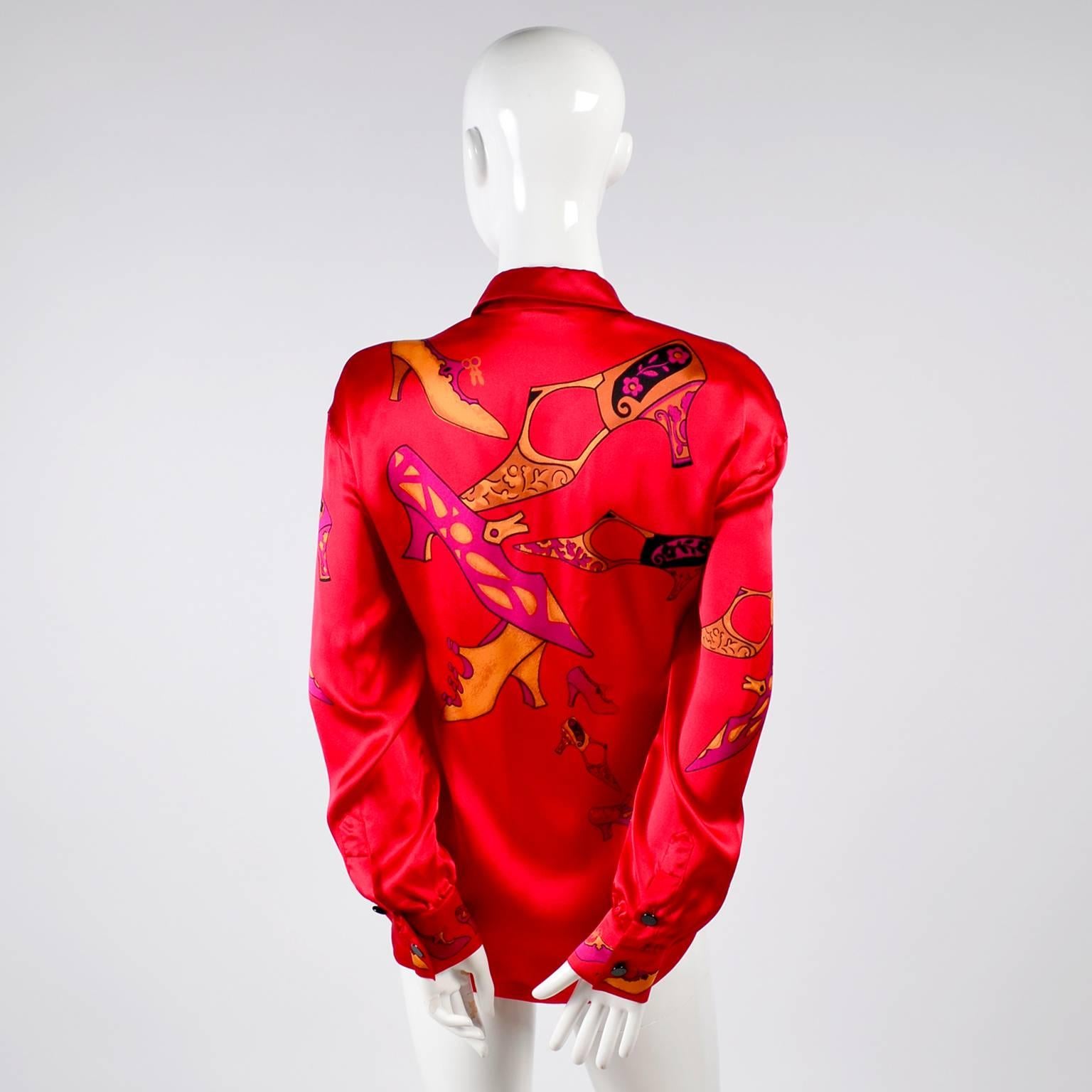 1980s Vintage Escada Silk Novelty Shoe Blouse in Red Pink and Gold For Sale 2