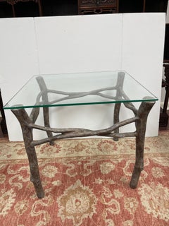 1980s Vintage Faux Bois Side Table with Glass Top and Metal Base