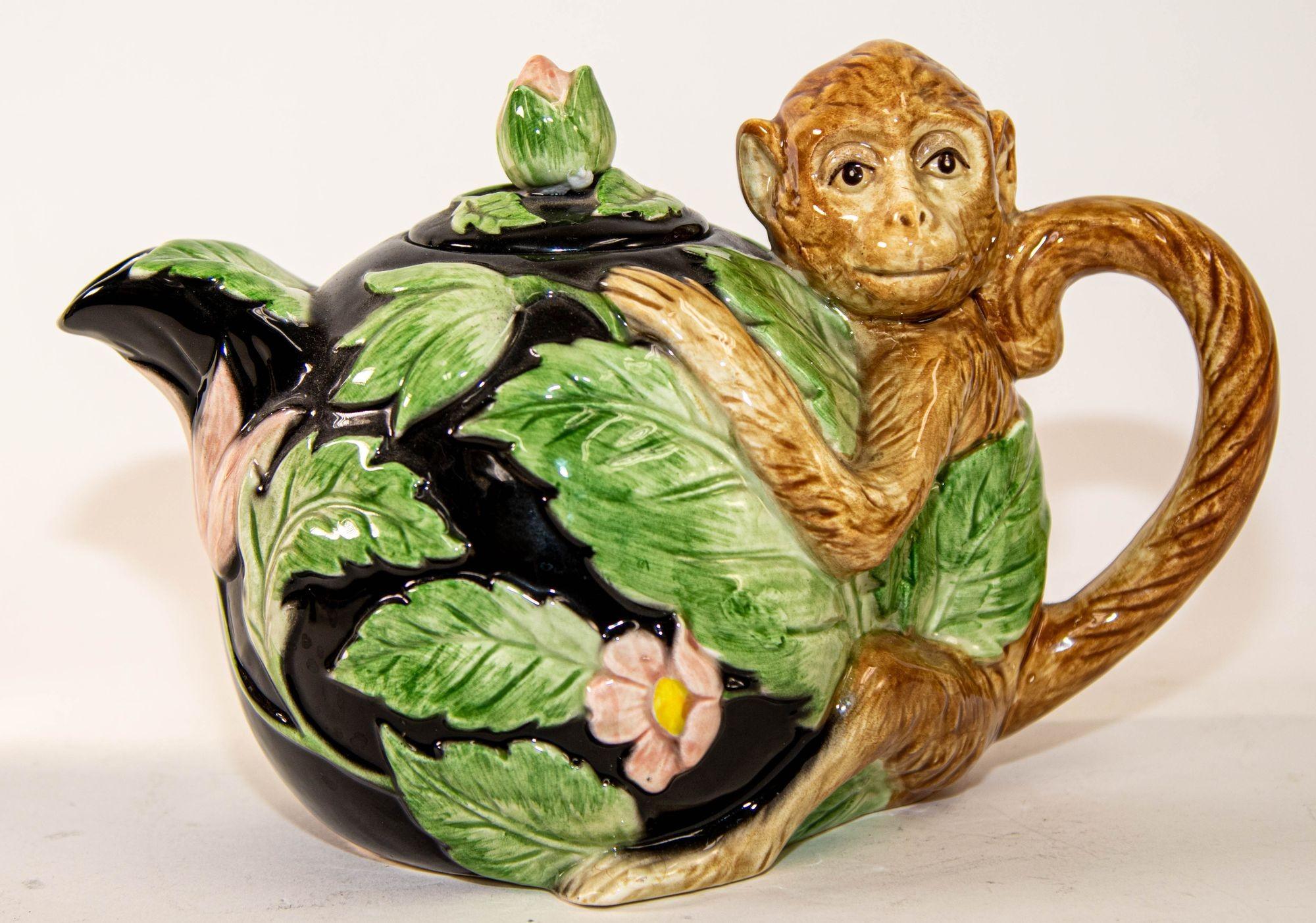 1980s Vintage Fitz and Floyd Rain Forest Majolica Monkey Ceramic Teapot For Sale 3