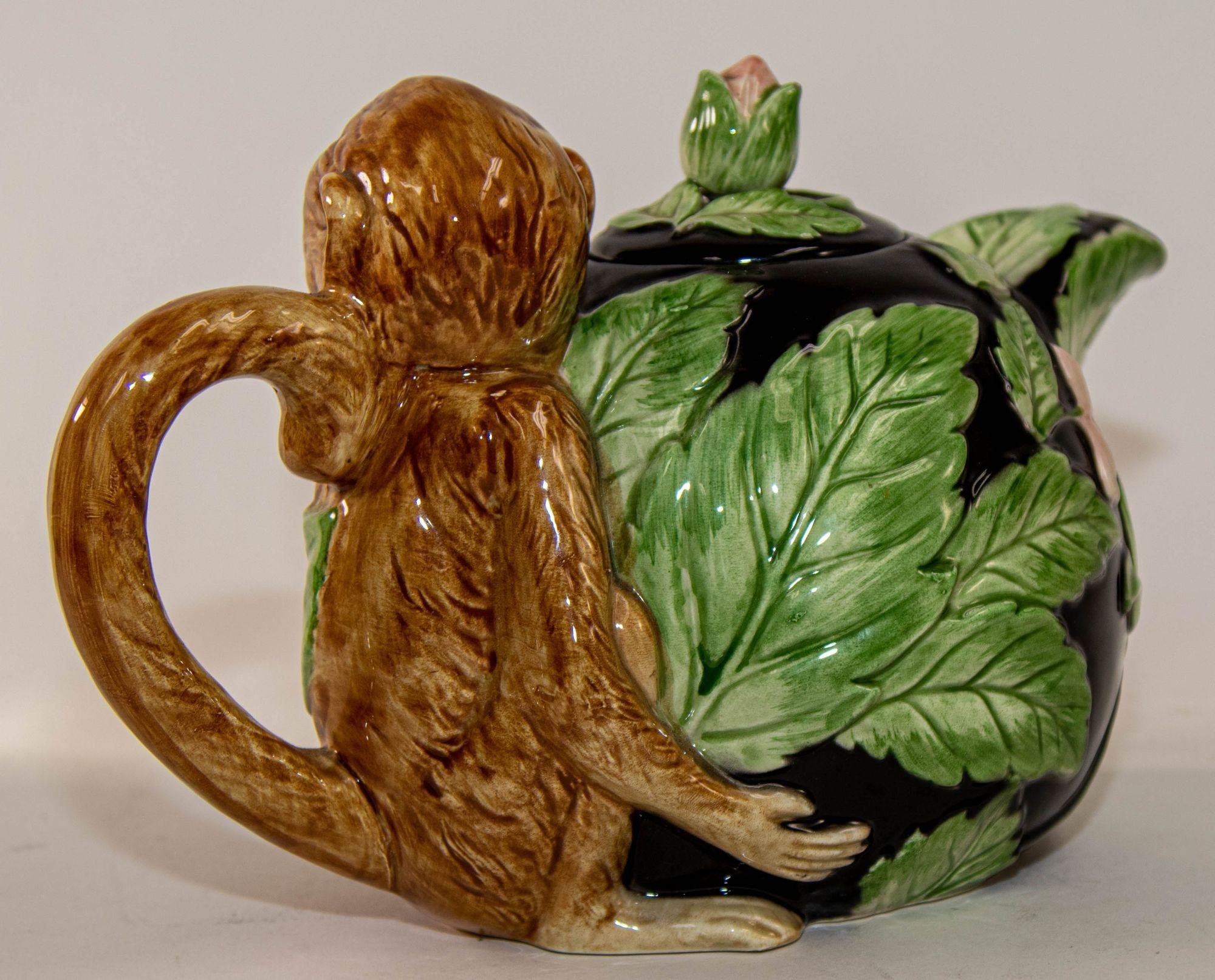 Victorian 1980s Vintage Fitz and Floyd Rain Forest Majolica Monkey Ceramic Teapot For Sale
