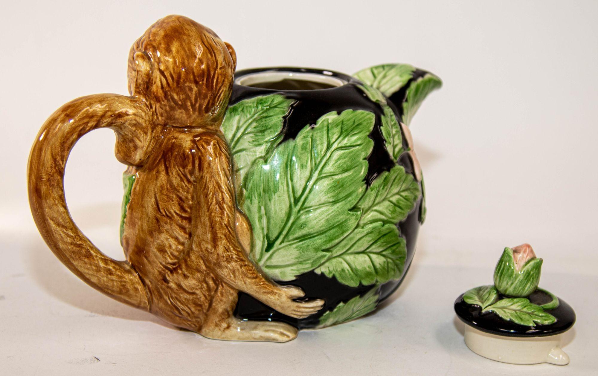 Japanese 1980s Vintage Fitz and Floyd Rain Forest Majolica Monkey Ceramic Teapot For Sale
