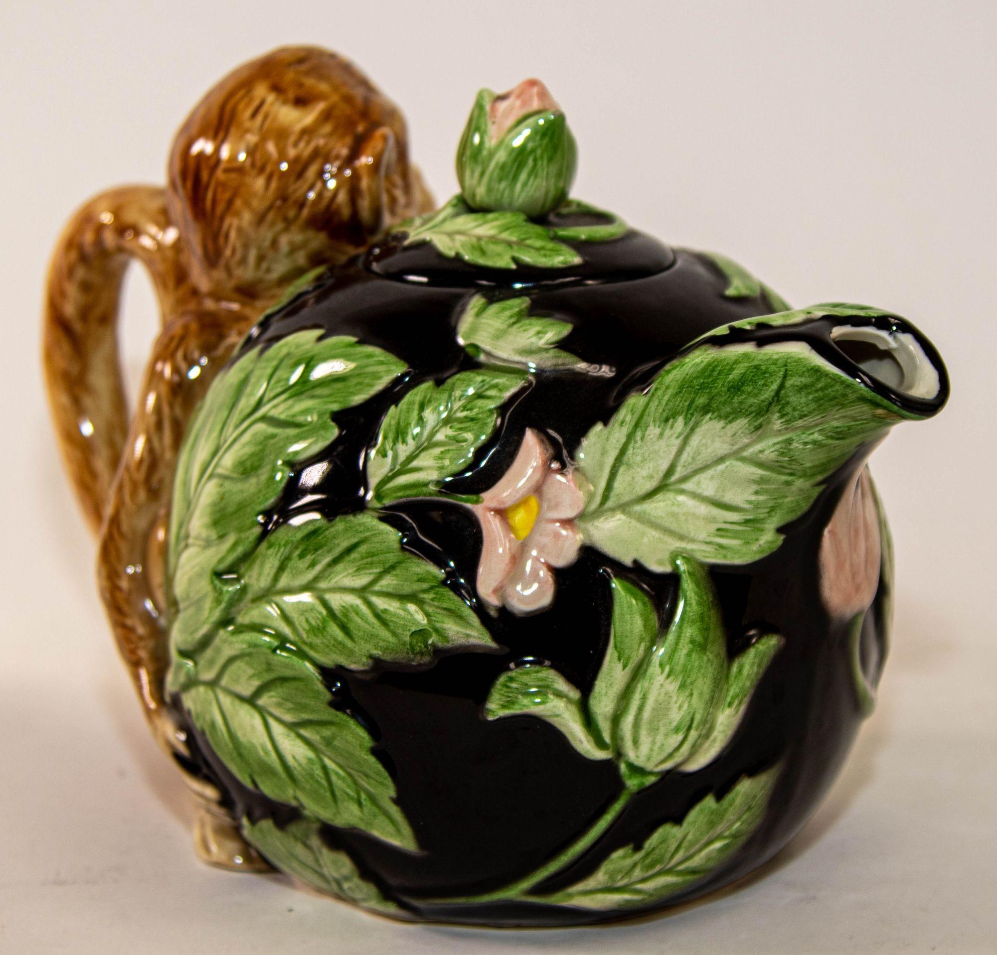 Hand-Crafted 1980s Vintage Fitz and Floyd Rain Forest Majolica Monkey Ceramic Teapot For Sale