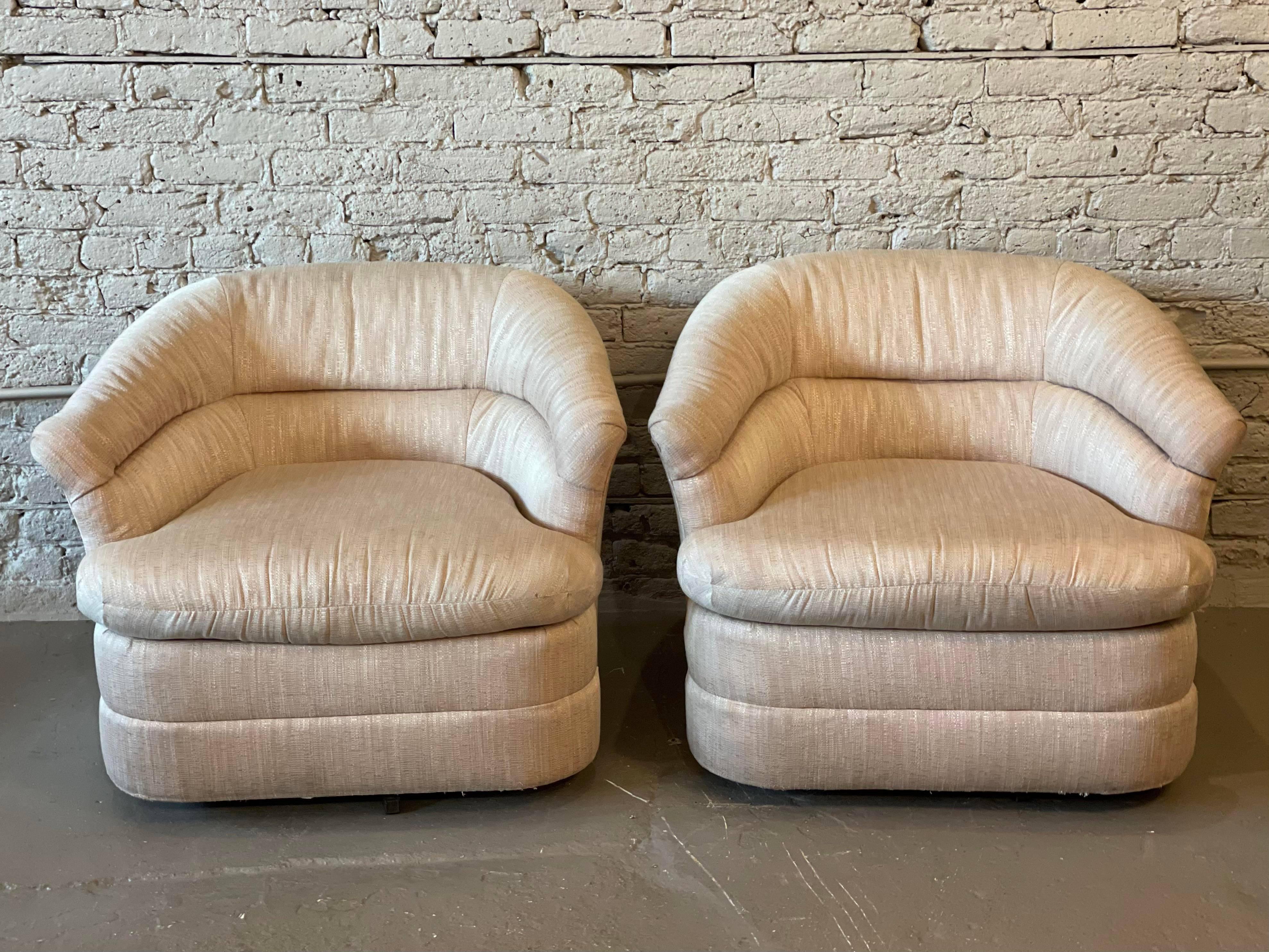 Great swivel chairs that rotate 360 degrees. They are in excellent condition with original upholstery. Use as is or redo.

Dimensions: 35