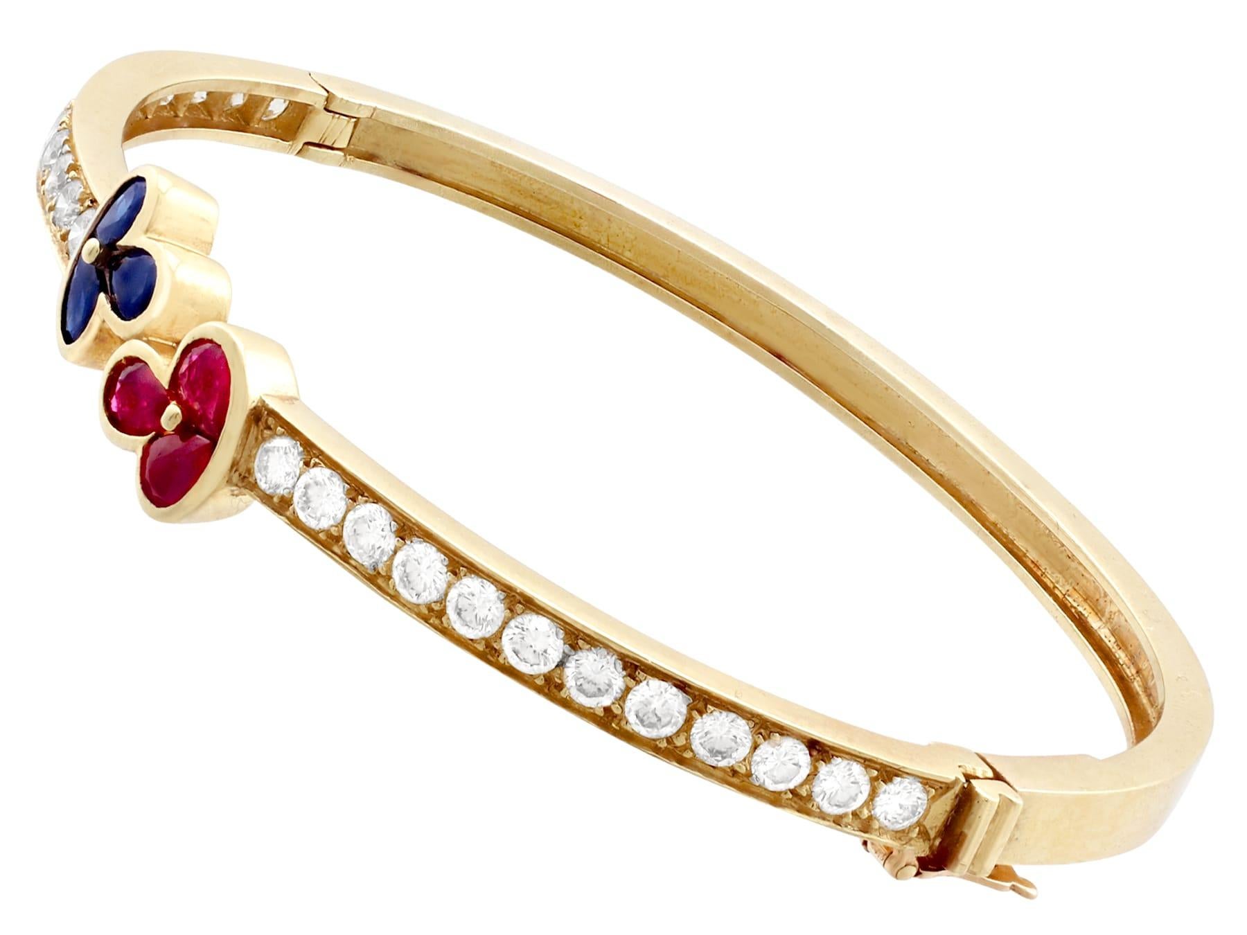 Women's 1980s Vintage French 1.05 Carat Ruby 2.16 Carat Diamond and Sapphire Gold Bangle For Sale