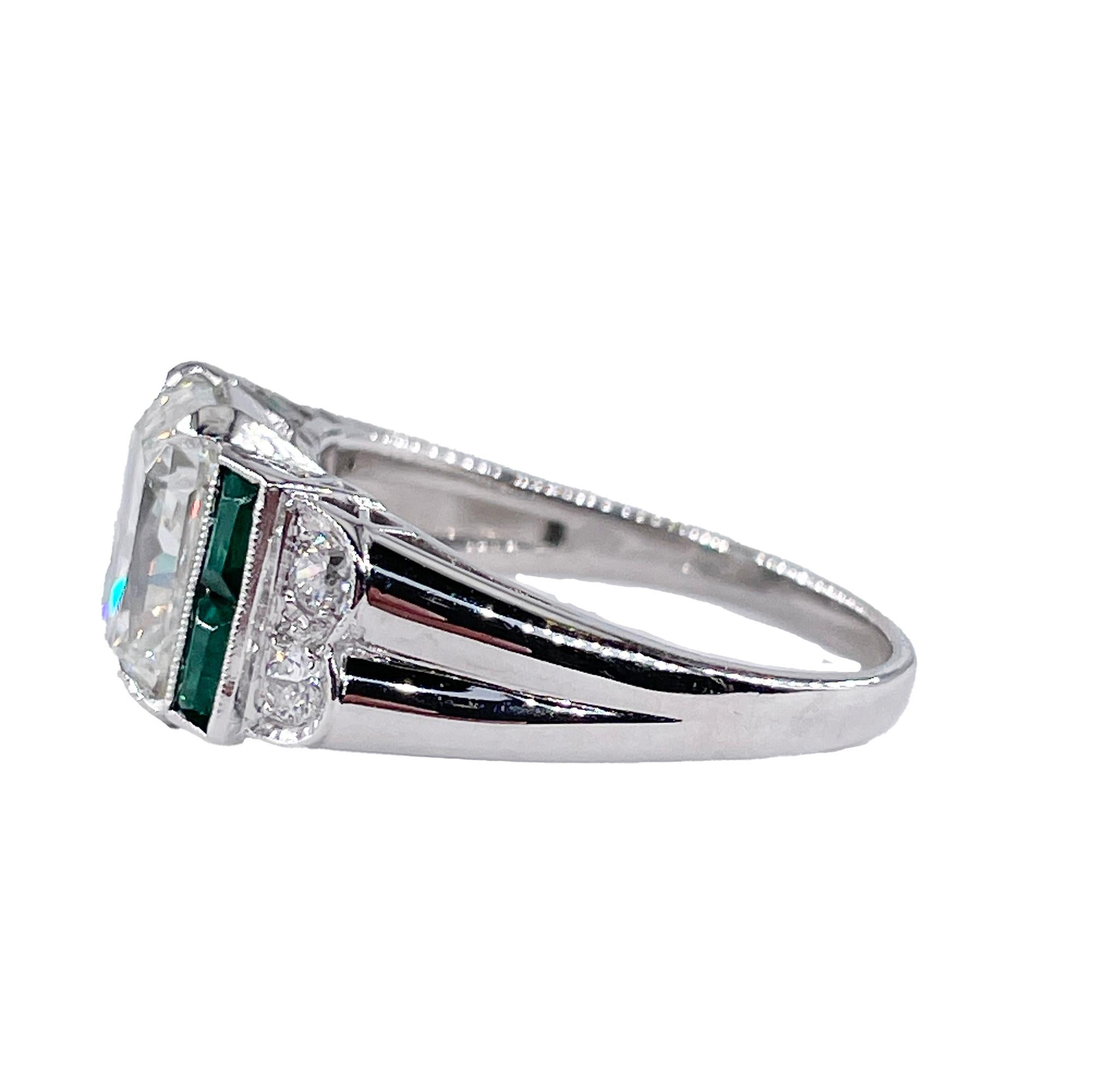 Women's 1980s Vintage GIA 3.77ctw Radiant cut DIAMOND & Green EMERALDs Platinum Ring For Sale