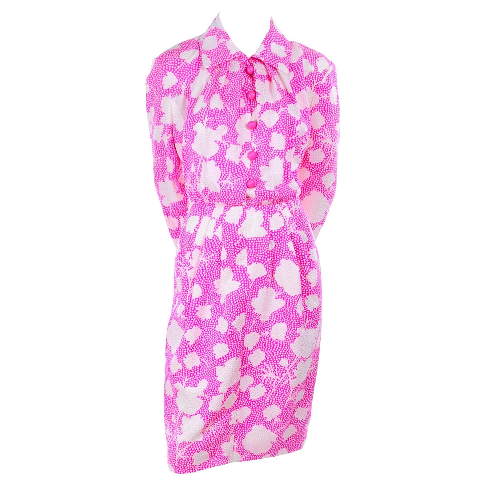 1980s Vintage Givenchy Bright Pink & White Floral Dot Silk Day Dress  For Sale
