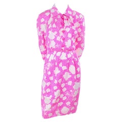 1980s Vintage Givenchy Bright Pink & White Floral Dot Silk Day Dress 